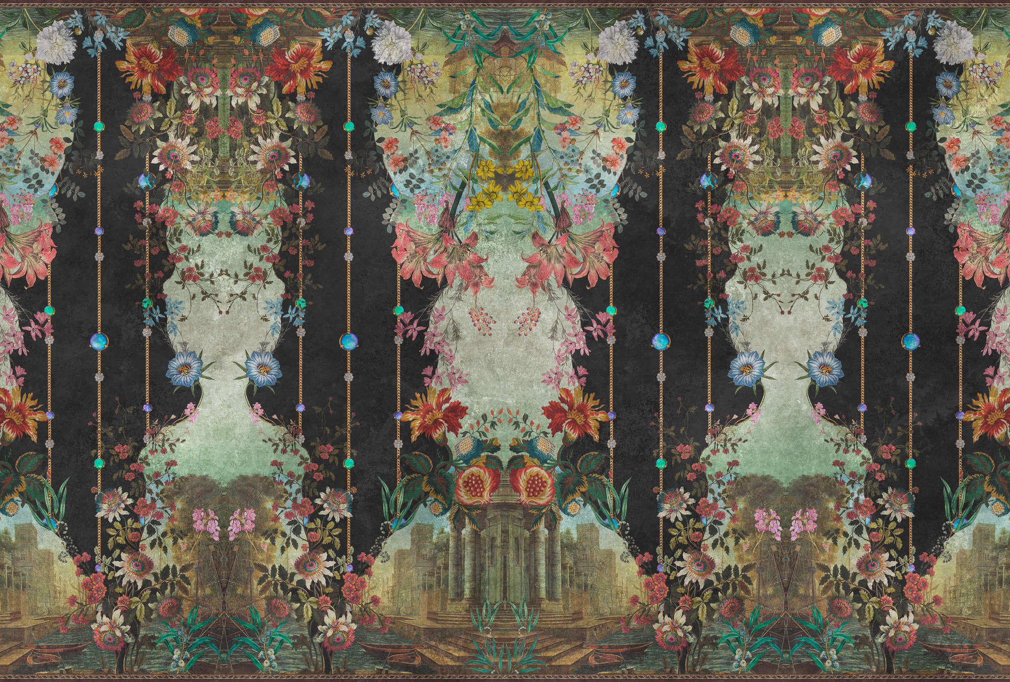 Tapetenkleidung, Wandbehang, Blumenmuster, dunkler Hintergrund, Vintage-Design