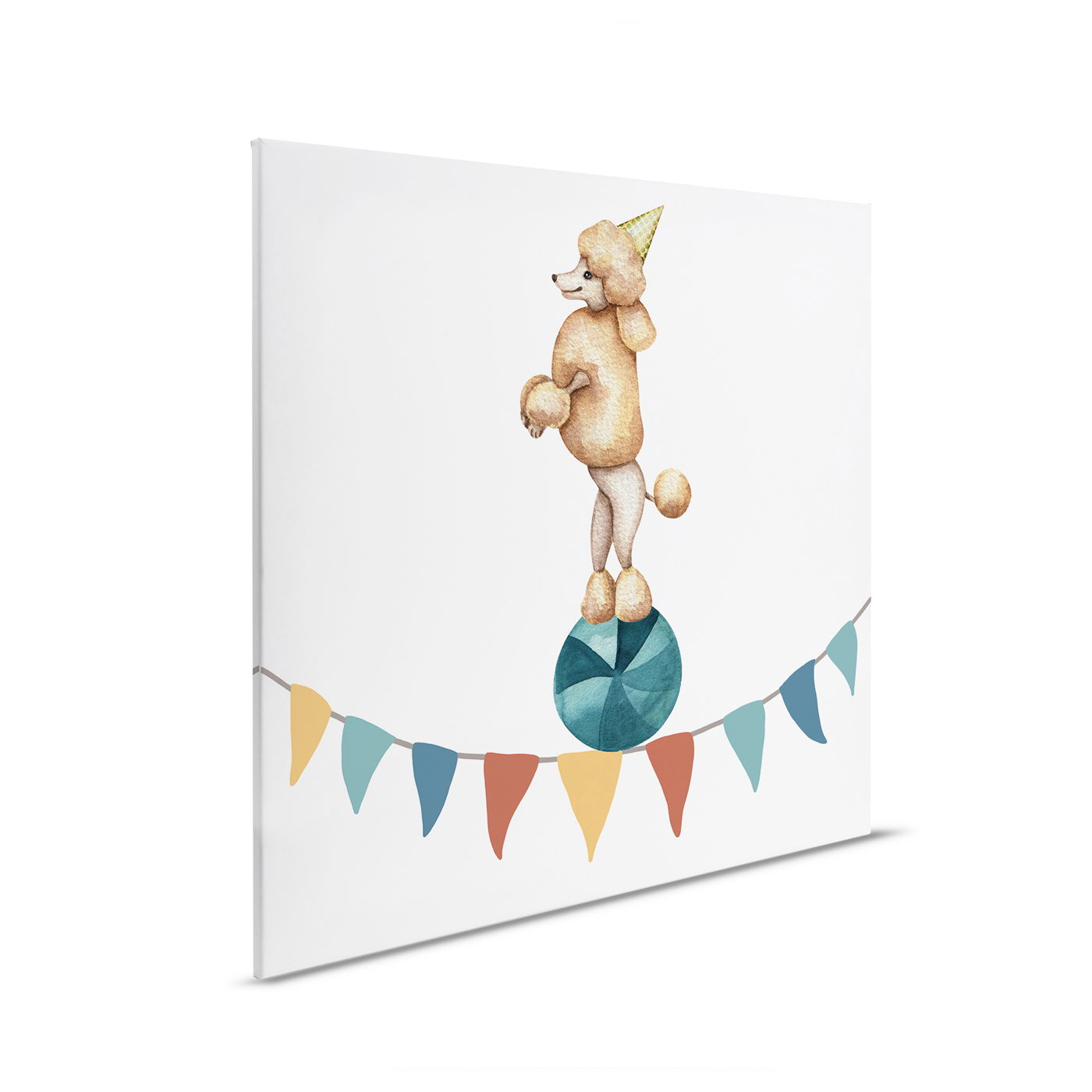         Leinwandbild Zirkuspudel auf Ball - Niedliches Tiermotiv für Kinderzimmerdekoration – 30 x 30 cm - Bunt, Blau
    