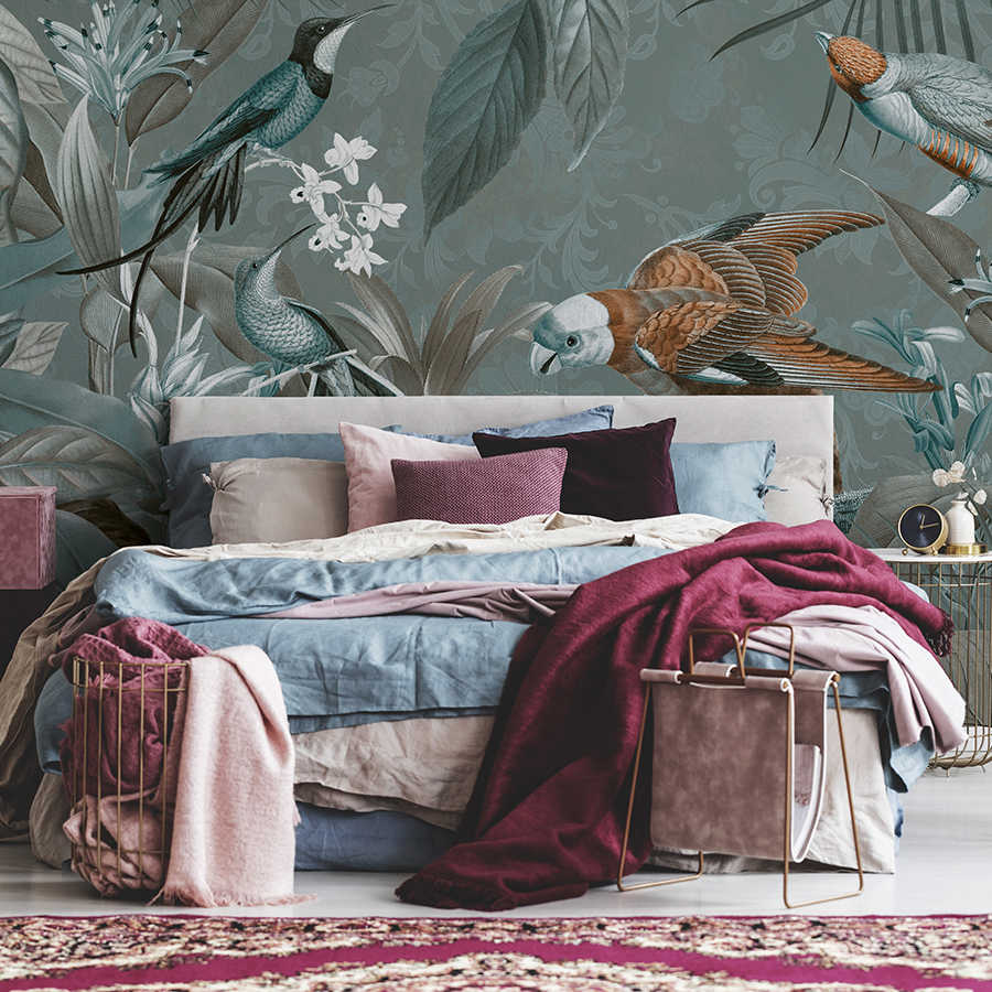 bettwäsche, tropisches mural, kissen, decken, nachtkonsole