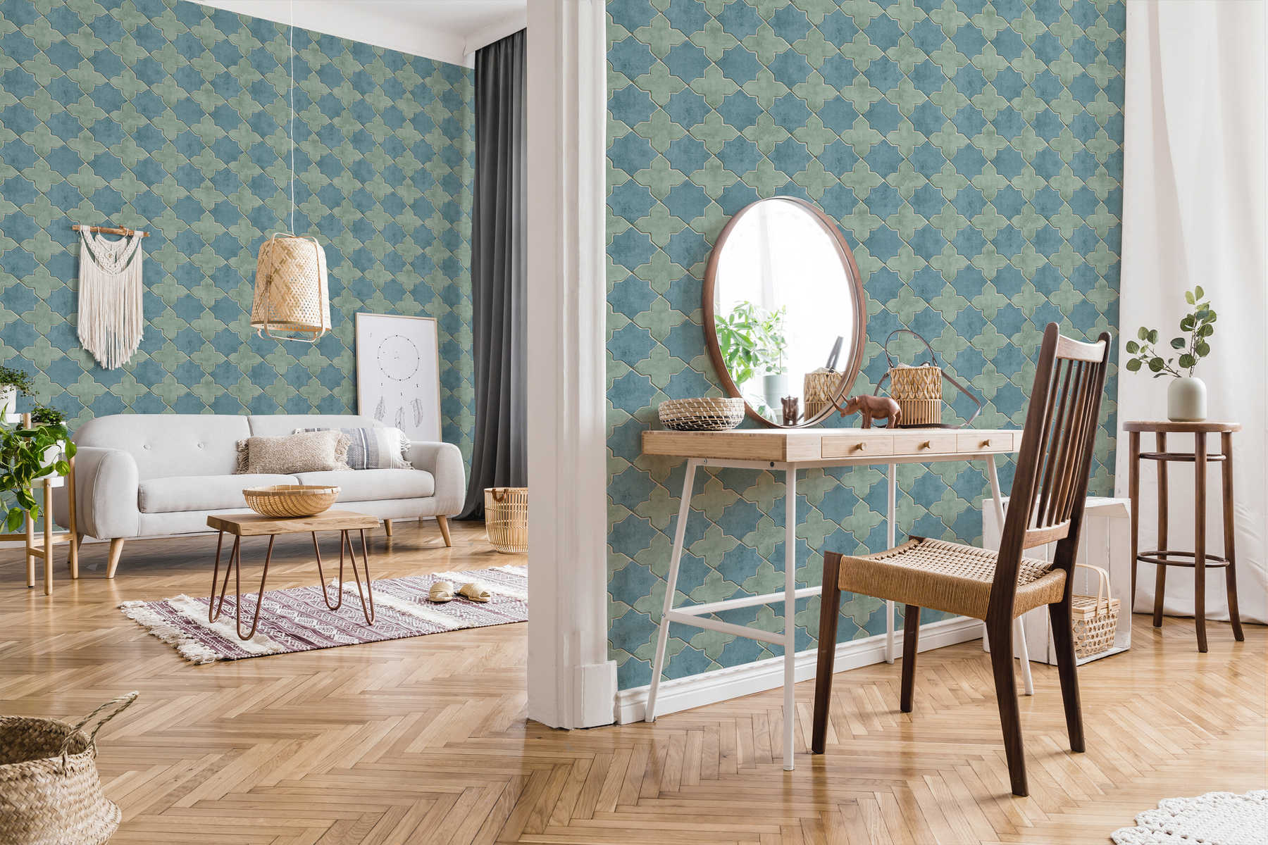             Fliesen-Tapete Mosaik-Optik – Blau, Grün, Beige
        