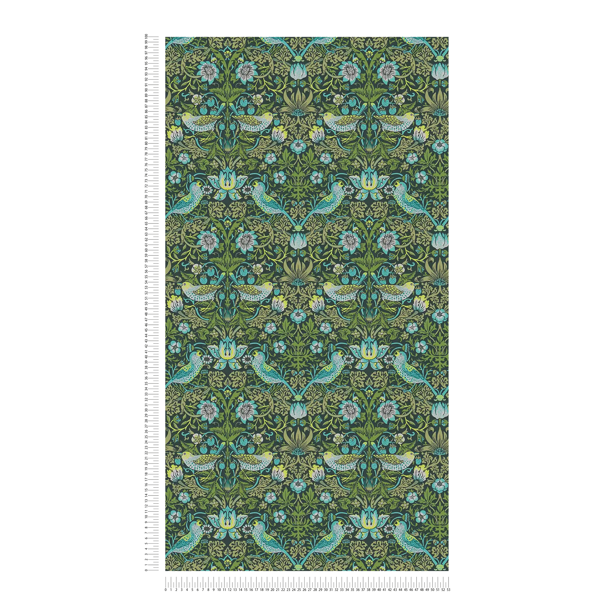 Vliestapete Blumenmuster mit Vögel – Grün, Blau, Schwarz