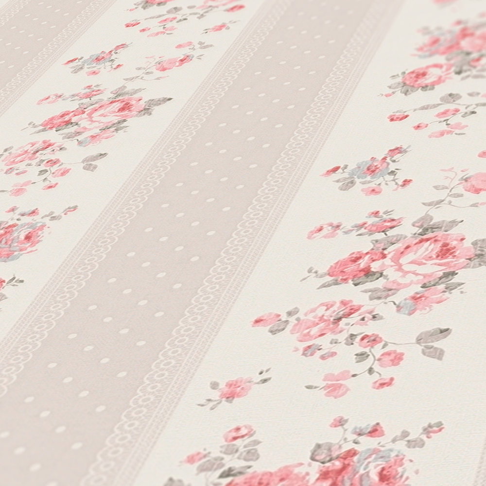 Tapete im Shabby Chic Stil mit floralen und gepunkteten Streifen – Greige, Weiß, Rot