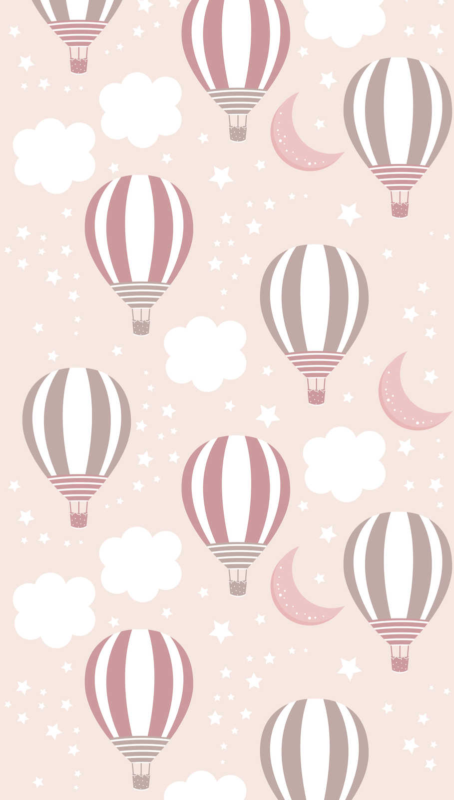            Romantic nursery wallpaper with hot air balloons and starry sky in delicate pastel shades - pink, grey, white
        