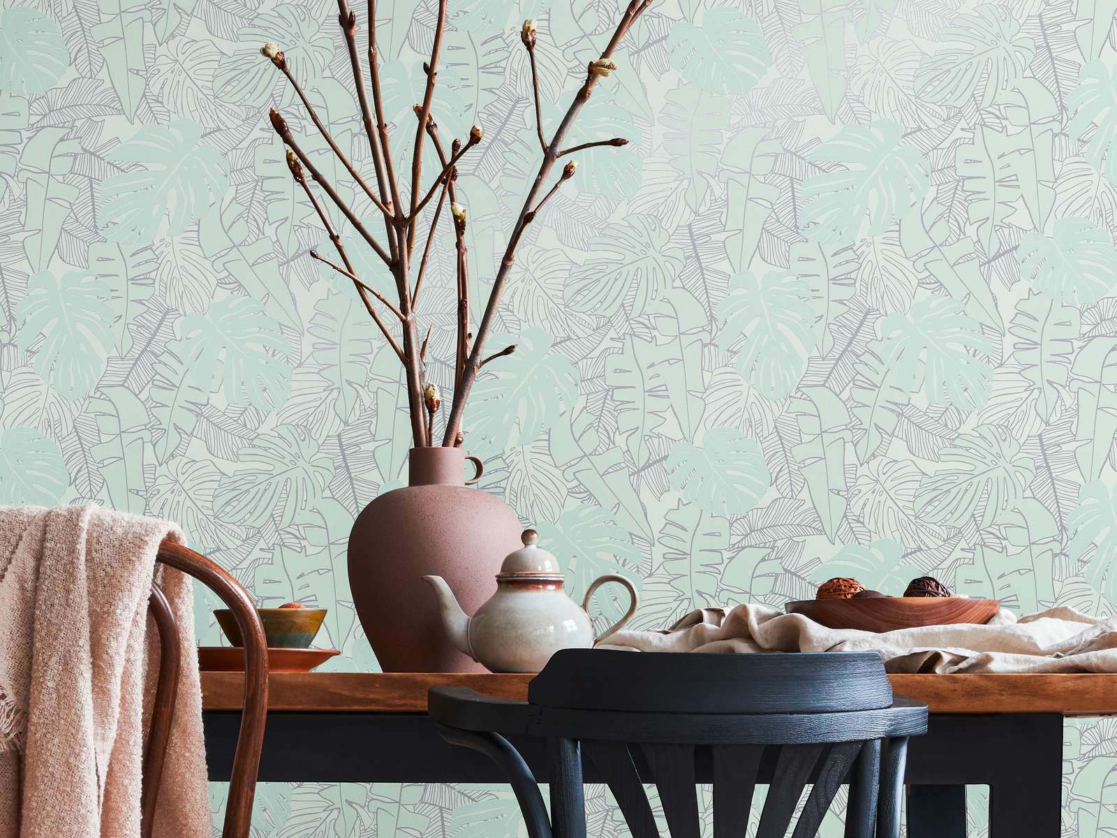Pastel non-woven wallpaper with banana leaves &amp; glossy effect - mint, green, metallic