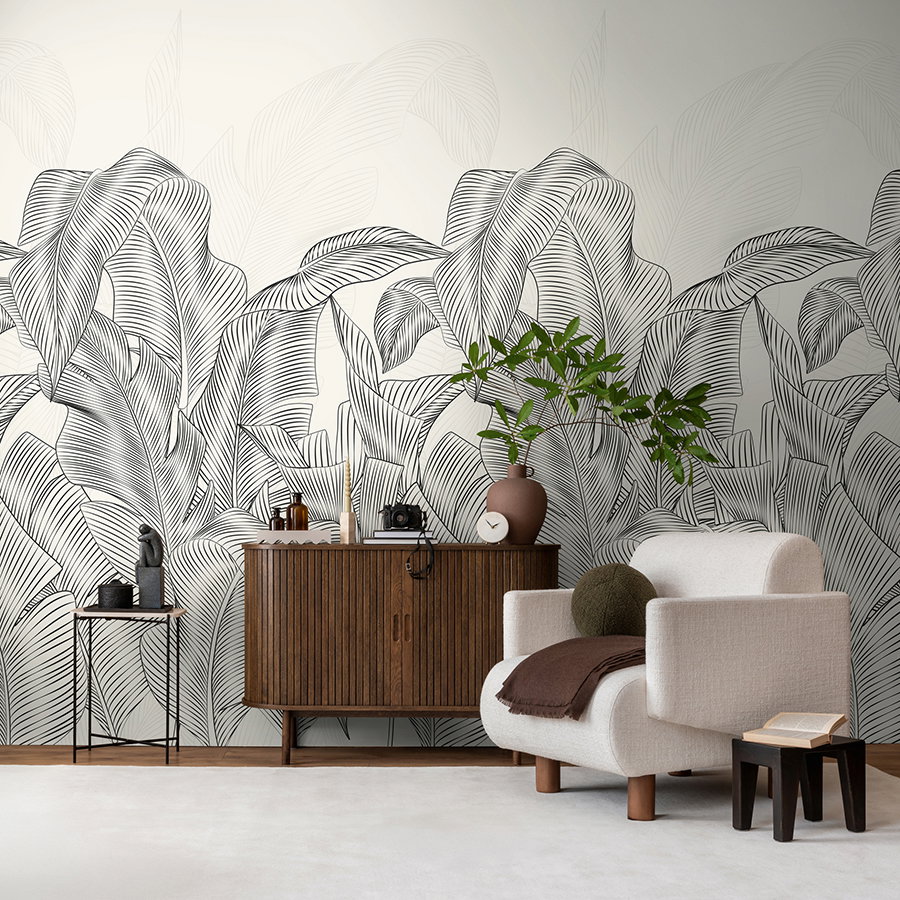 Tapete Wandmotiv, Pflanzen Deko, Holzsideboard, Blätter Muster, Wohnzimmer Inneneinrichtung
