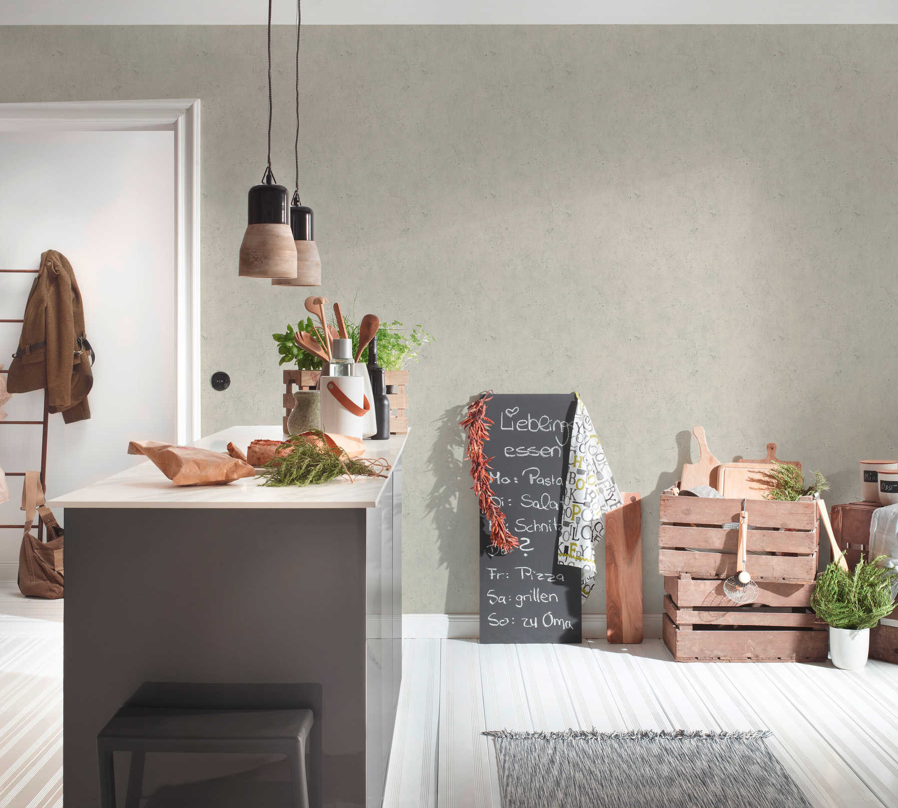 Vliestapete mit Scheibenputz-Optik &amp; Farbschraffur – Beige
