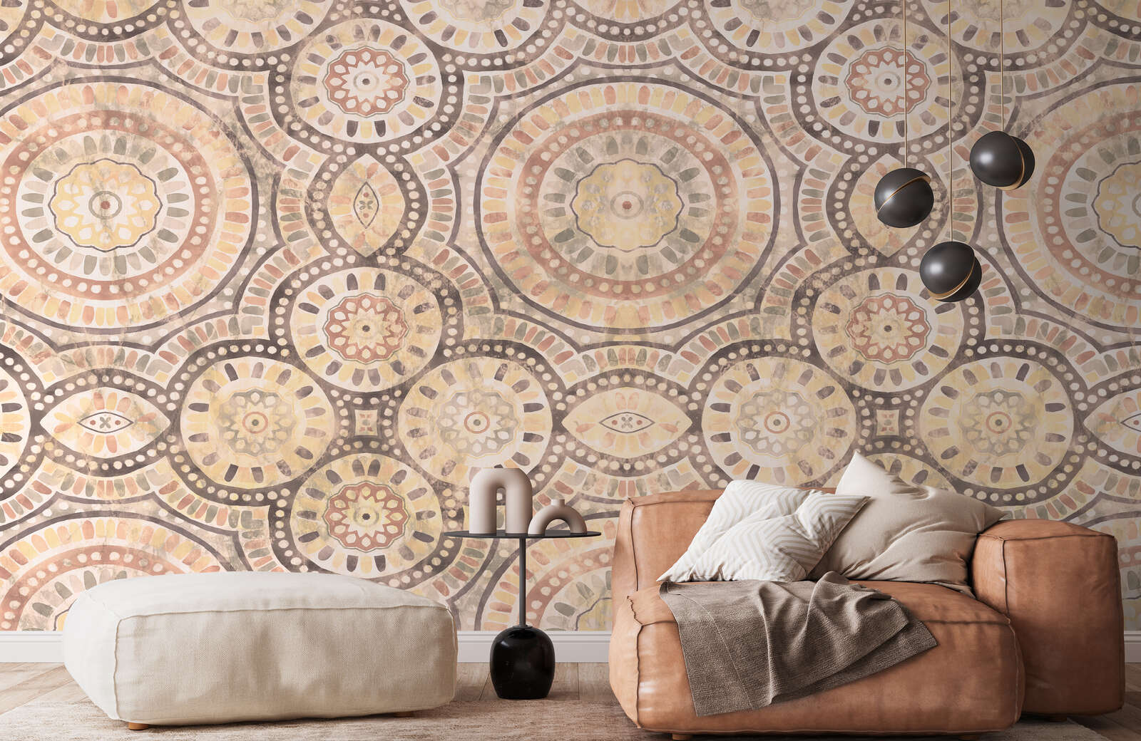 Wandtapete, Kaufwandteppich, Designsystem, Mandala Muster, Rauleder Sofa