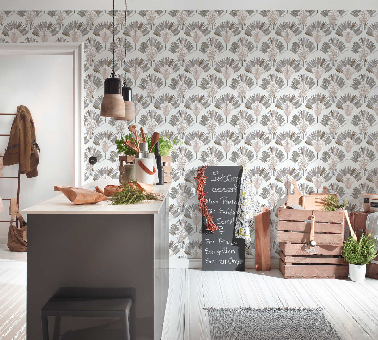             Tapete Grau Beige mit Palmen Muster & Block Design – Grau, Weiß, Braun
        