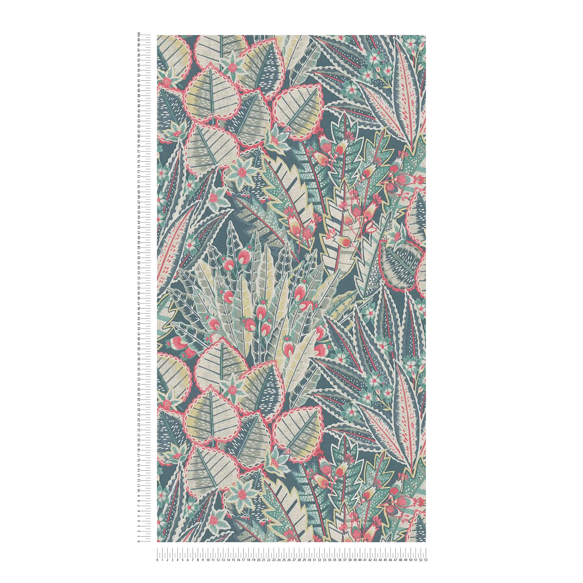             Vliestapete mit Blattbemusterung in Dschungeloptik – Blau, Grün, Rot
        