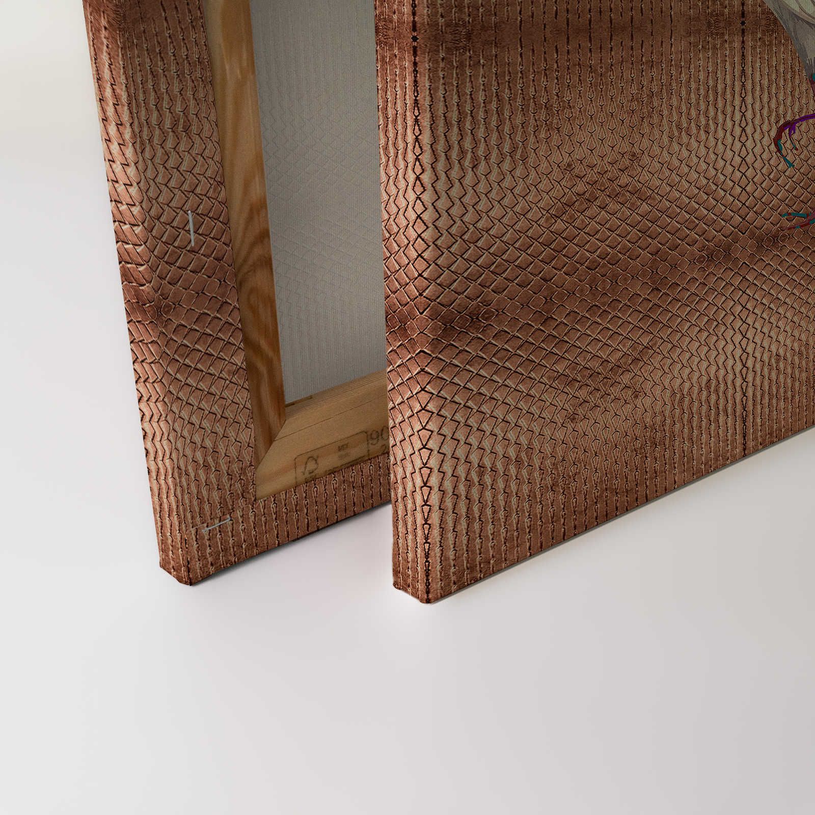             Land of Happyness 2 - Metallic Leinwandbild Kupfer mit buntem Kranich Motiv – 0,90 m x 0,60 m
        