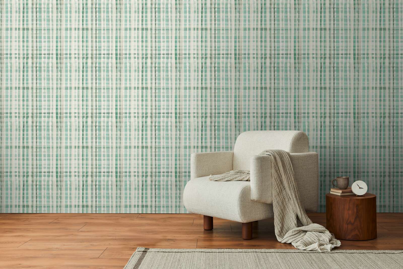            Zeitlose Vliestapete mit frischem Karomuster und einfacher Oberflächenstruktur – Grün, Weiß
        