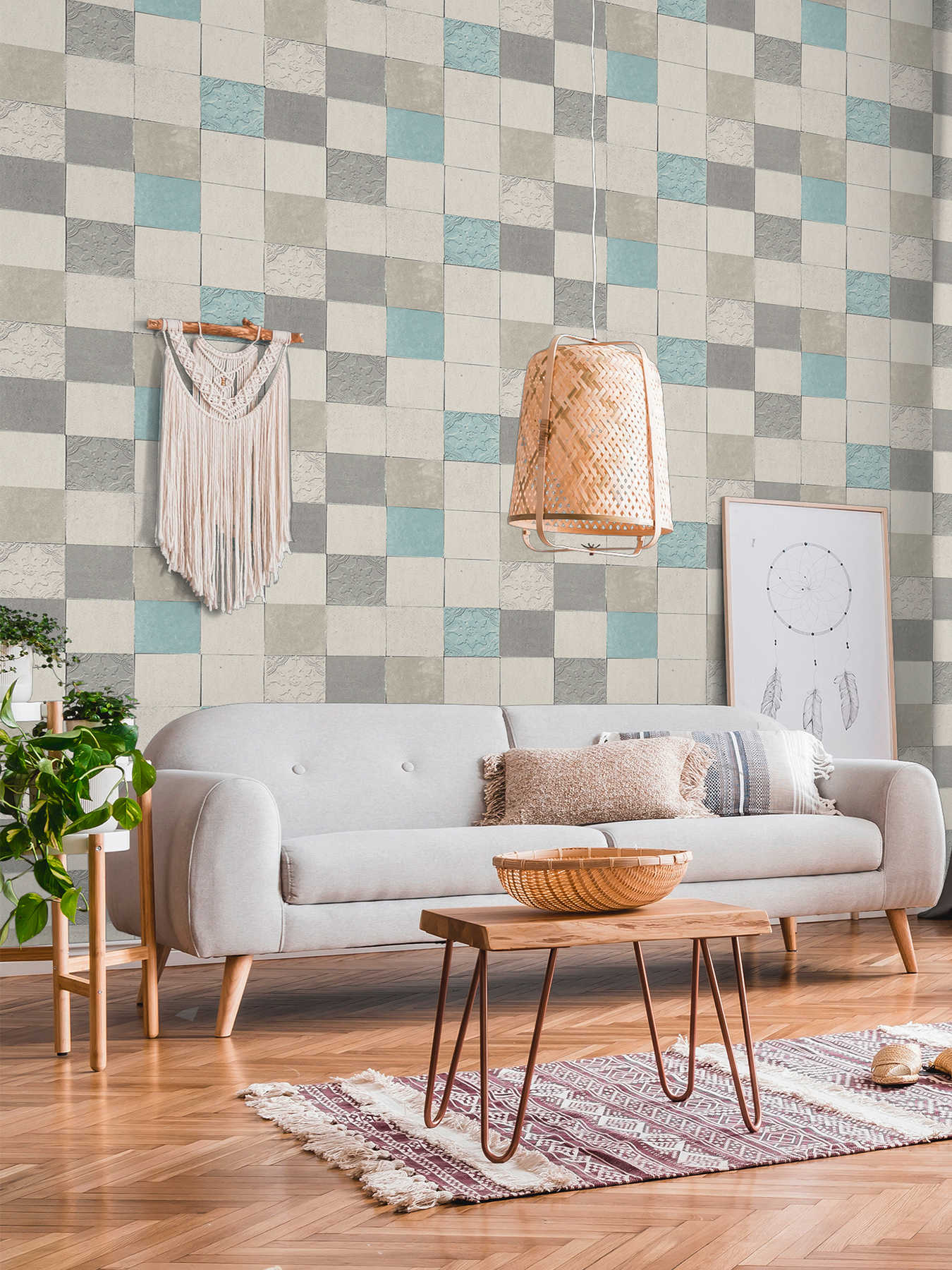             Fliesen-Tapete Dekorfliesen Mosaik – Grau, Blau, Creme
        