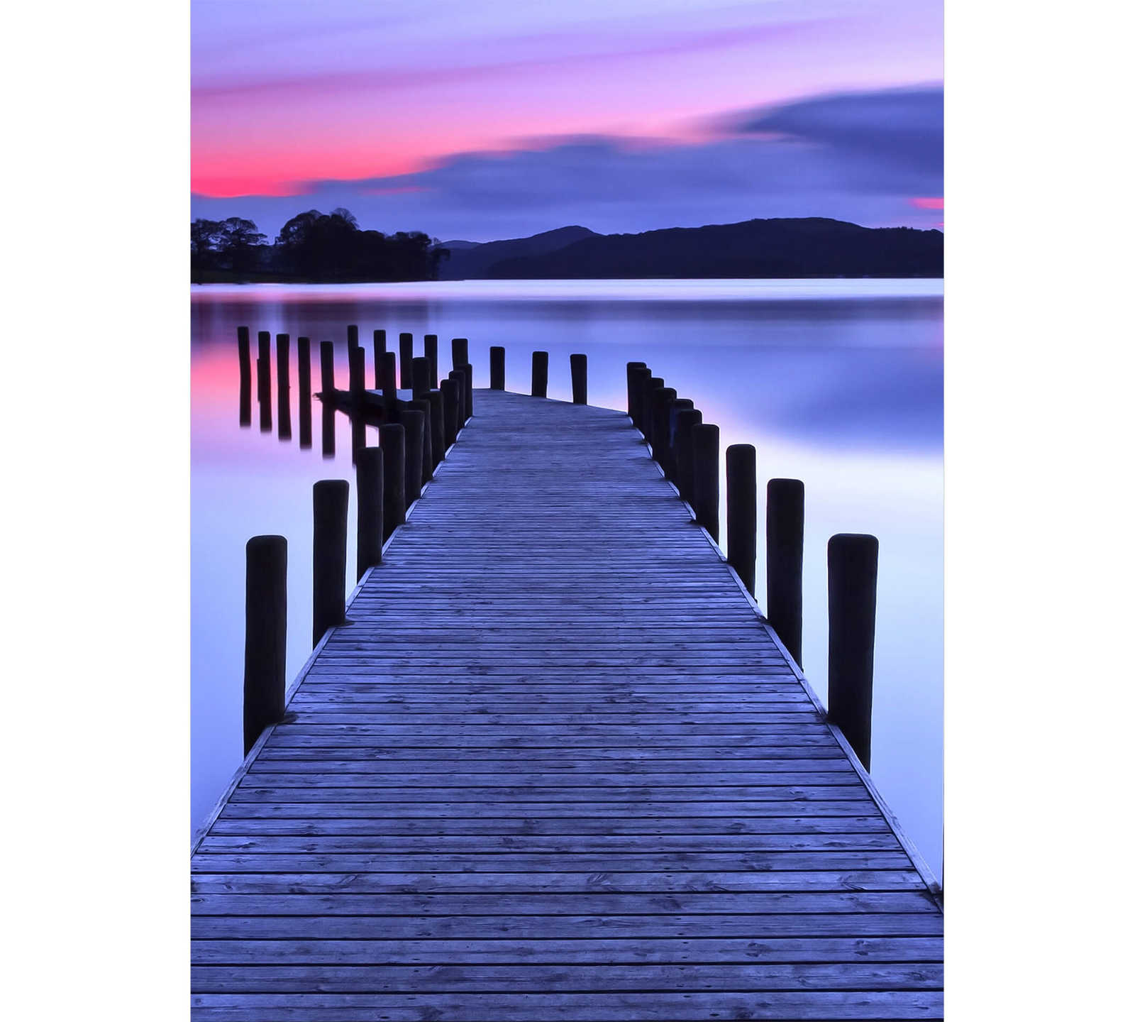         narrow photo wallpaper with bridge on the lake - purple, pink
    