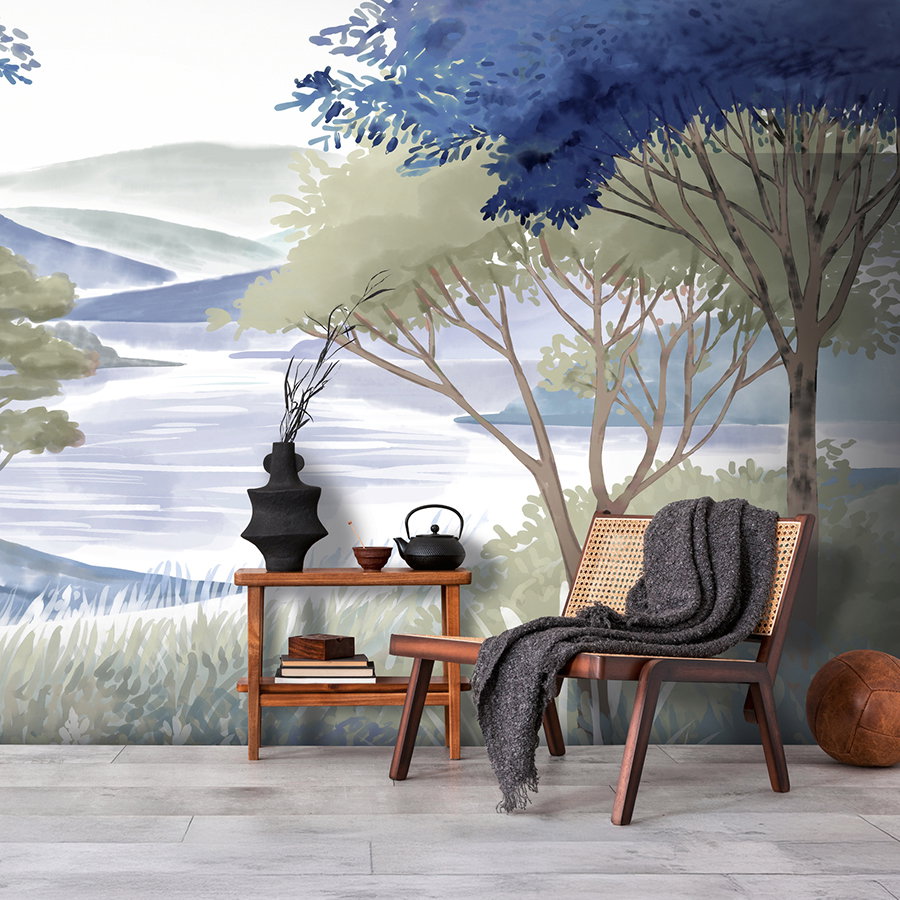 Wohnzimmer, Teakstuhl, Leinentable, Teekanne, Wandgestaltung