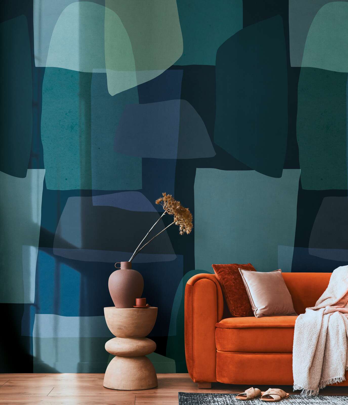             Vliestapeten Panel 'Midnight Mosaic' 159cm Breite x 280cm Höhe - Kreatives Grafikmotiv in dunklen Farbtönen, glatt – Blau, Grün
        