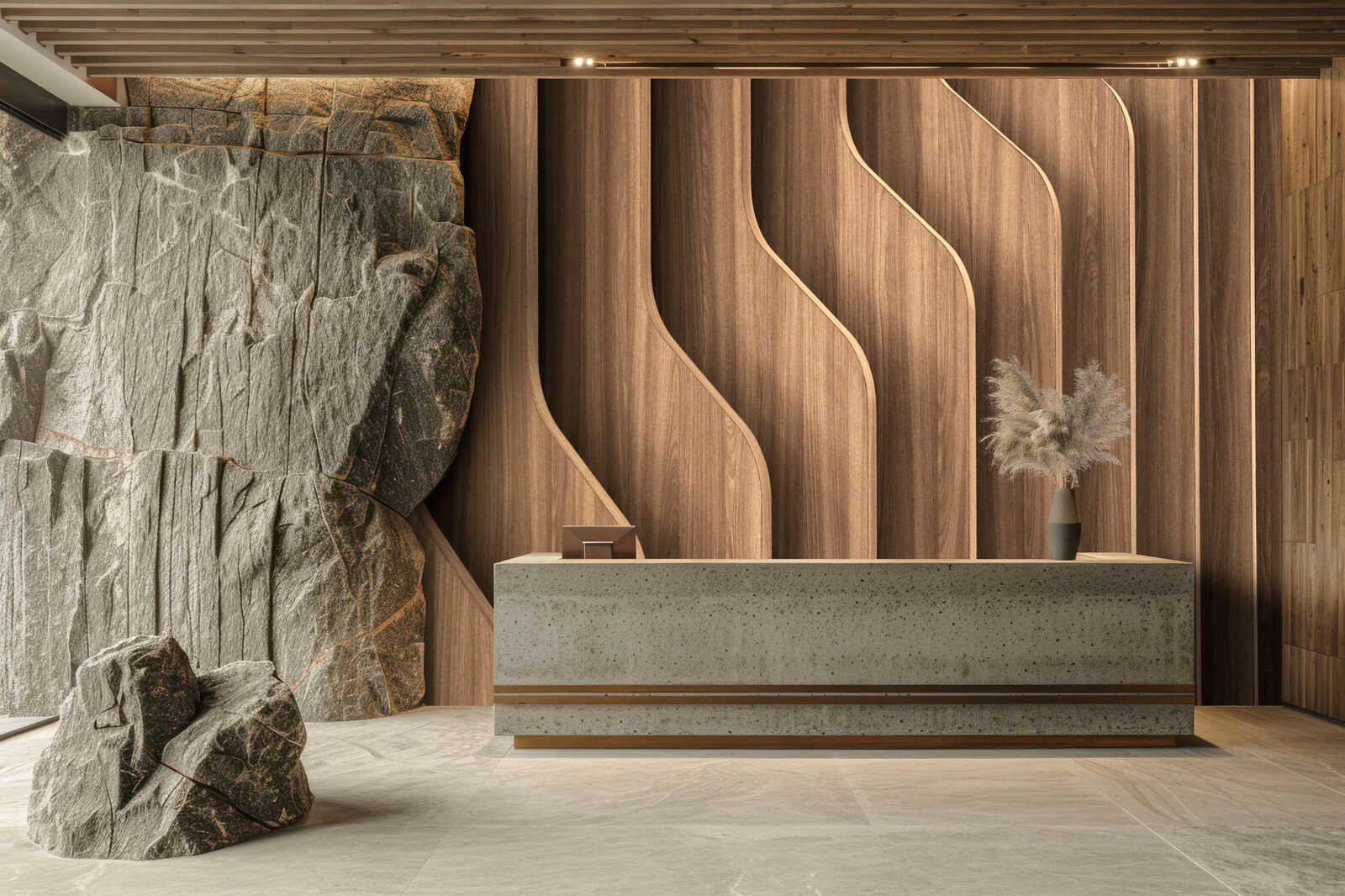 naturstein, rezeption, theke, holzwand, vasenarrangement