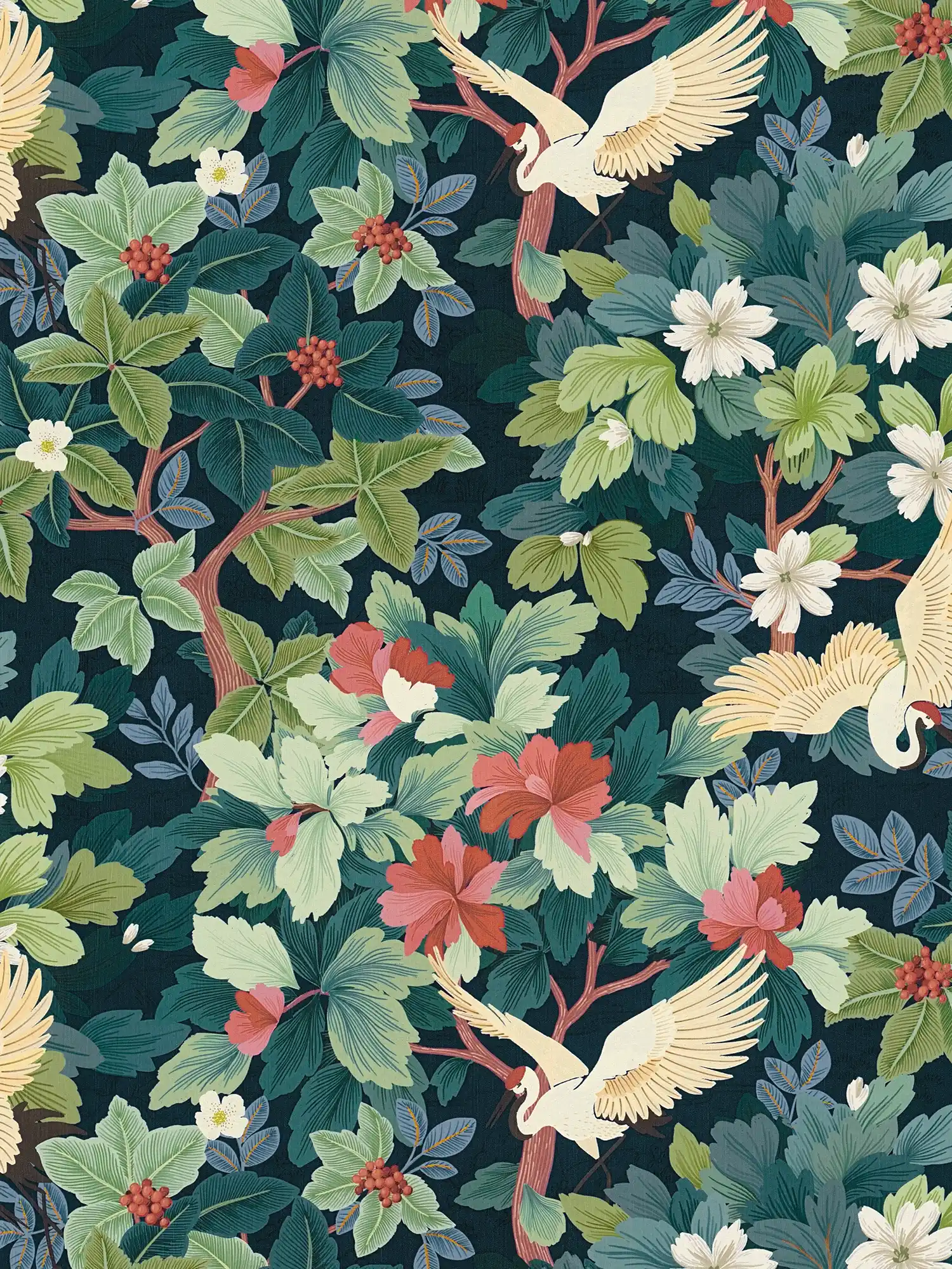 Vliestapete mit exotischem Blätter- und Vogelmotiv in matter Optik mit leichter Struktur – Blau, Grün, Rot