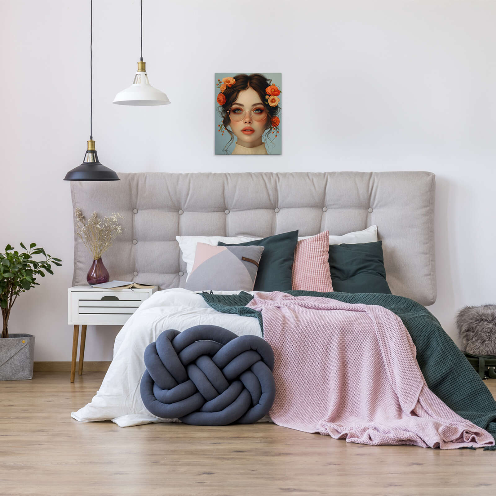             Bohemian Elegance: Leinwandbild mit floraler Akzentuierung und Vintage-Sonnenbrille – 40 x 50 cm - Blau, Orange
        