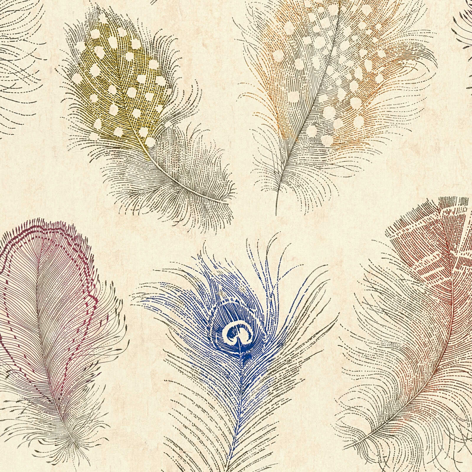 Künstlerische Vliestapete mit bunten Federn sanft strukturiert und matt – Creme, Rot, Gelb