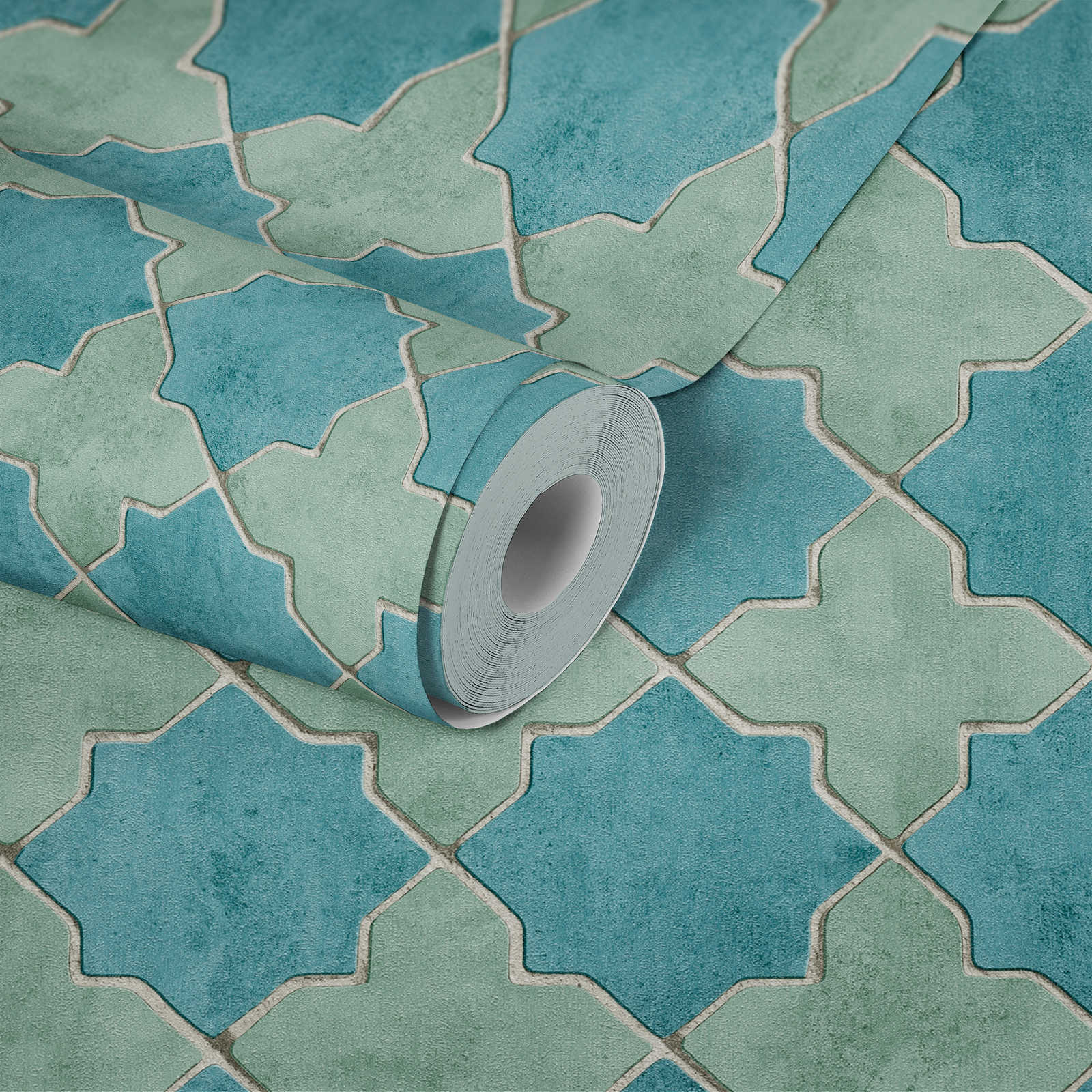             Fliesen-Tapete Mosaik-Optik – Blau, Grün, Beige
        