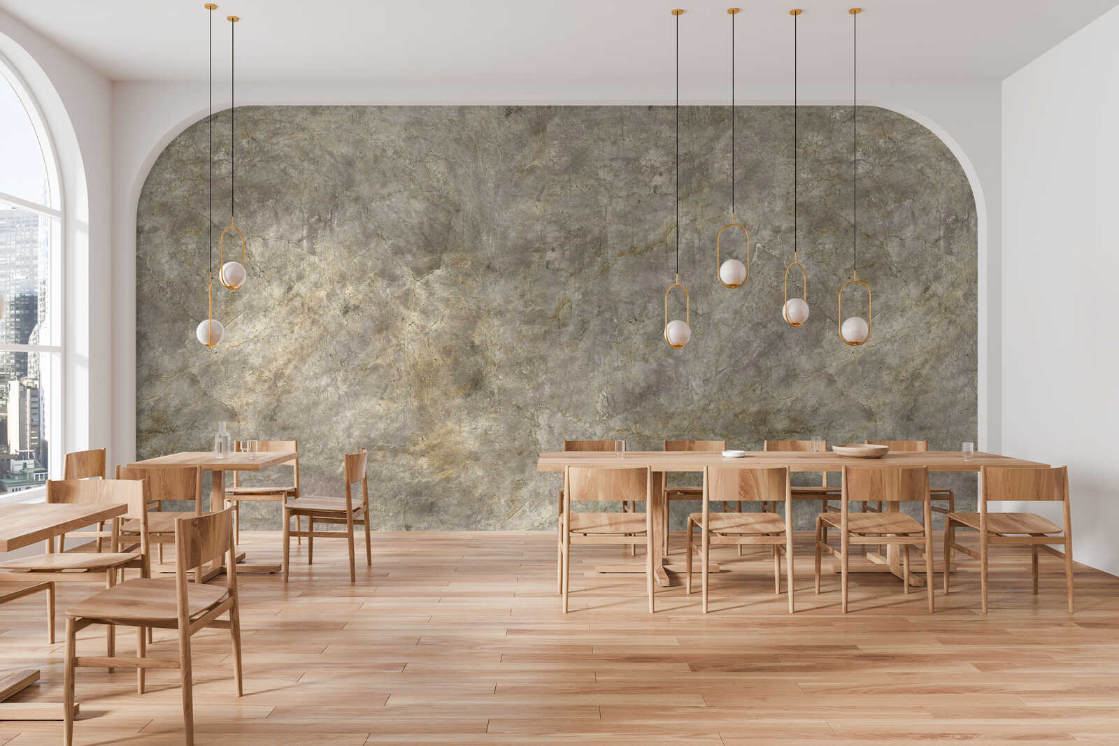 Esszimmer, Holzstühle, Holztisch, Hängelampen, Steinwand