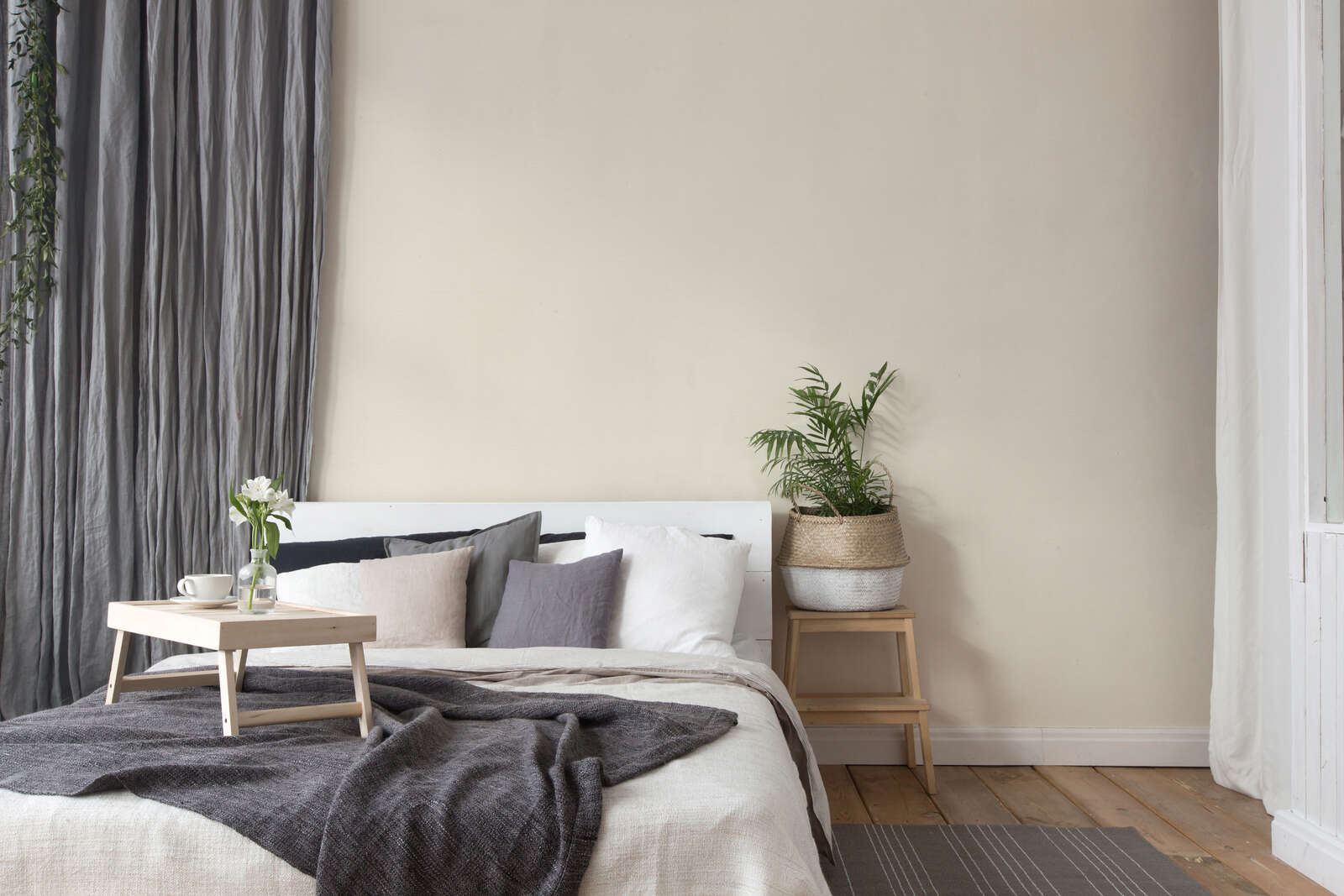 bett, bettzimmer, wohnzimmer, pflanze, beistelltisch