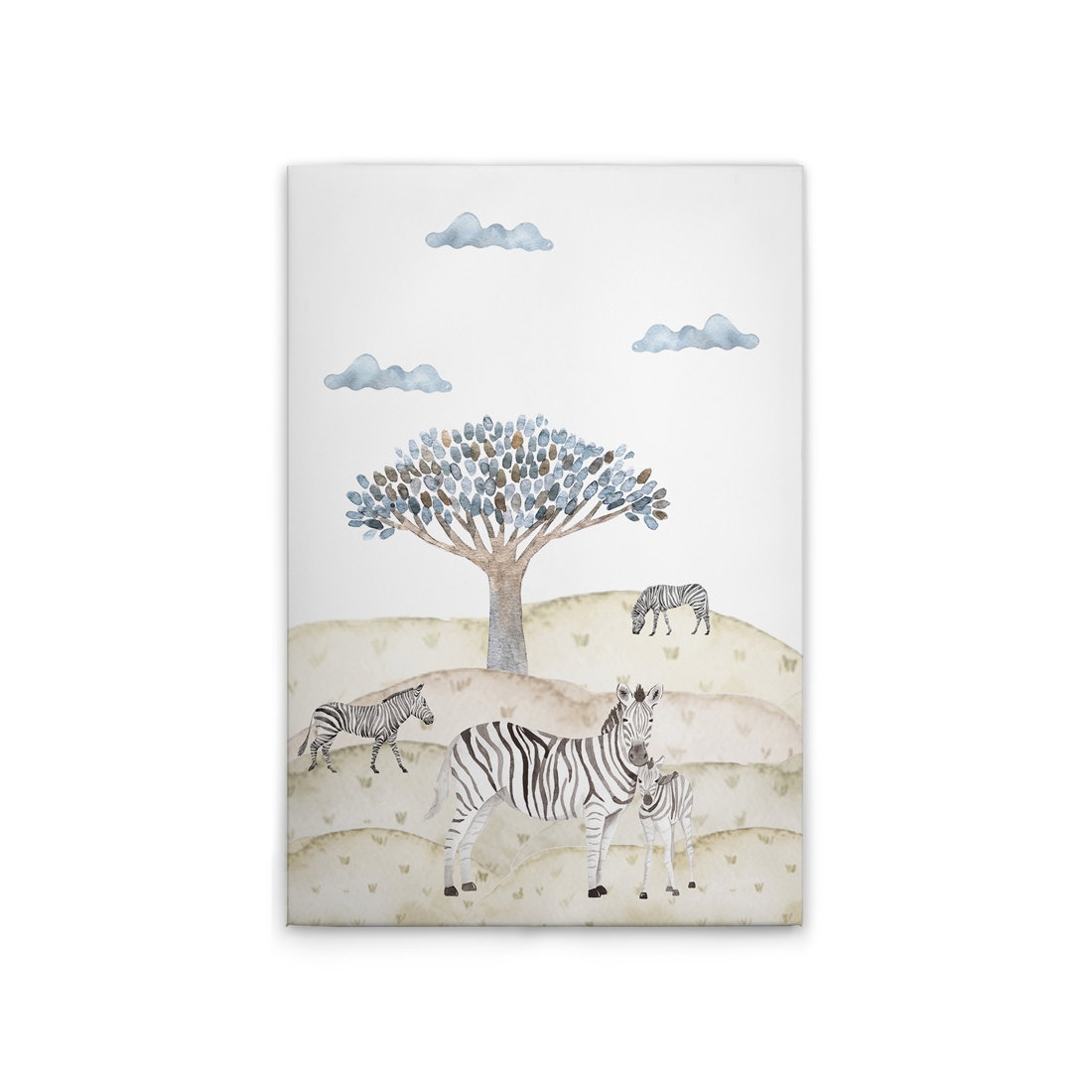 Nursery canvas picture Zebras under the Baobab - Charming Africa motif for stylish walls - 30 x 40 cm - Beige, Blue
