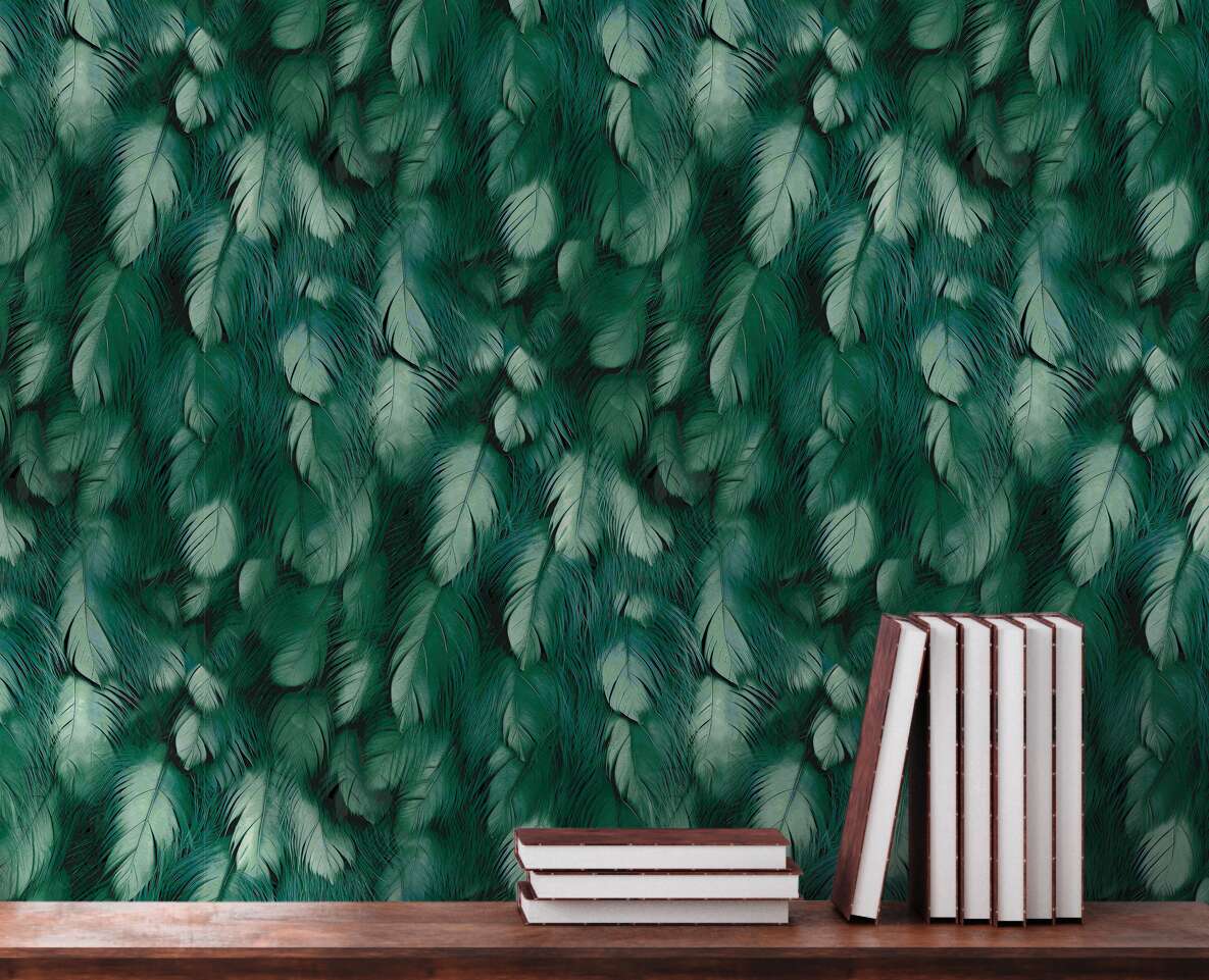             Elegante 3D Feder Design Vliestapete mit glatter Oberfläche – Grün
        