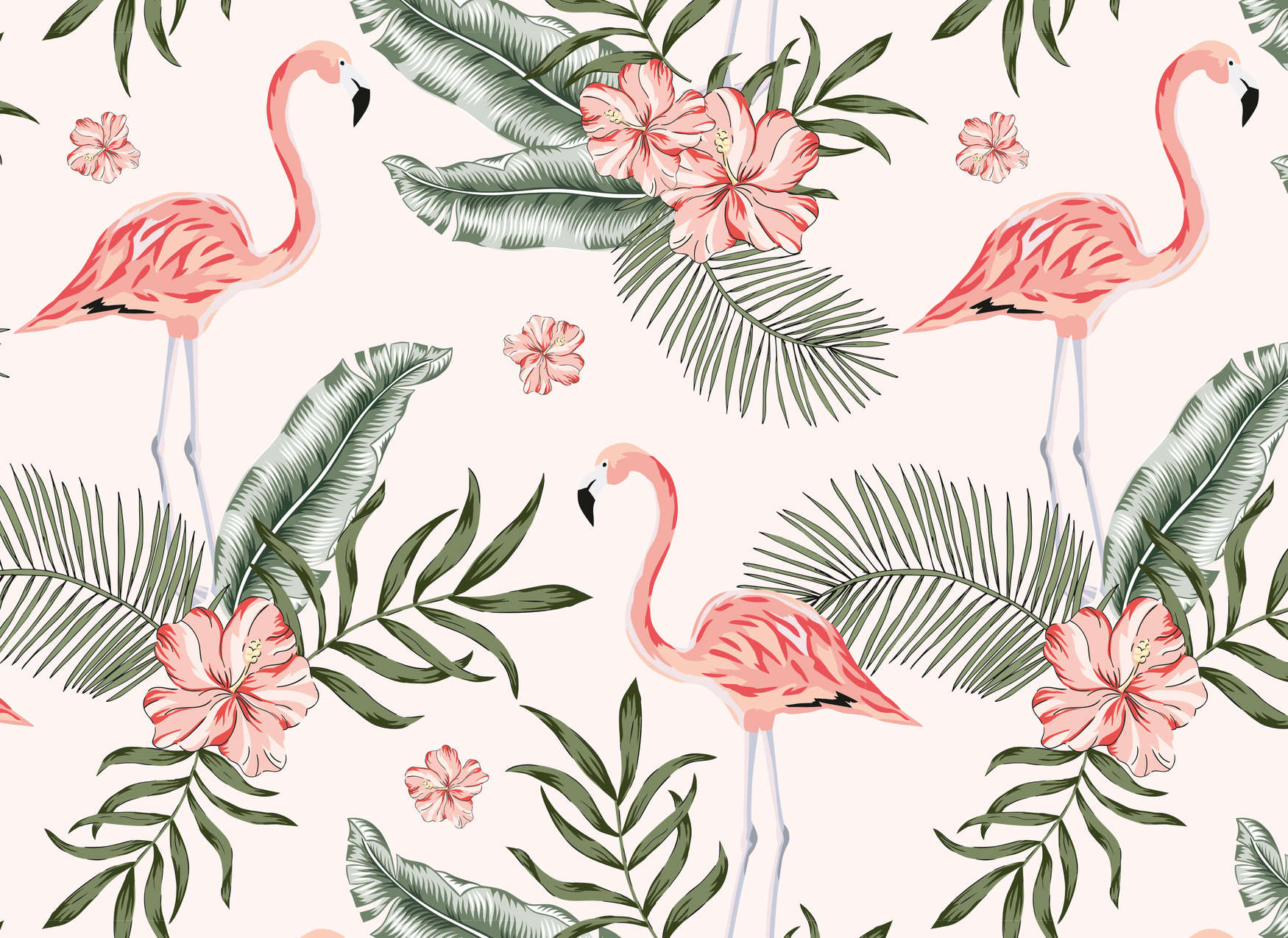             Flamants roses et plantes tropicales - Blanc, Rose, Vert
        