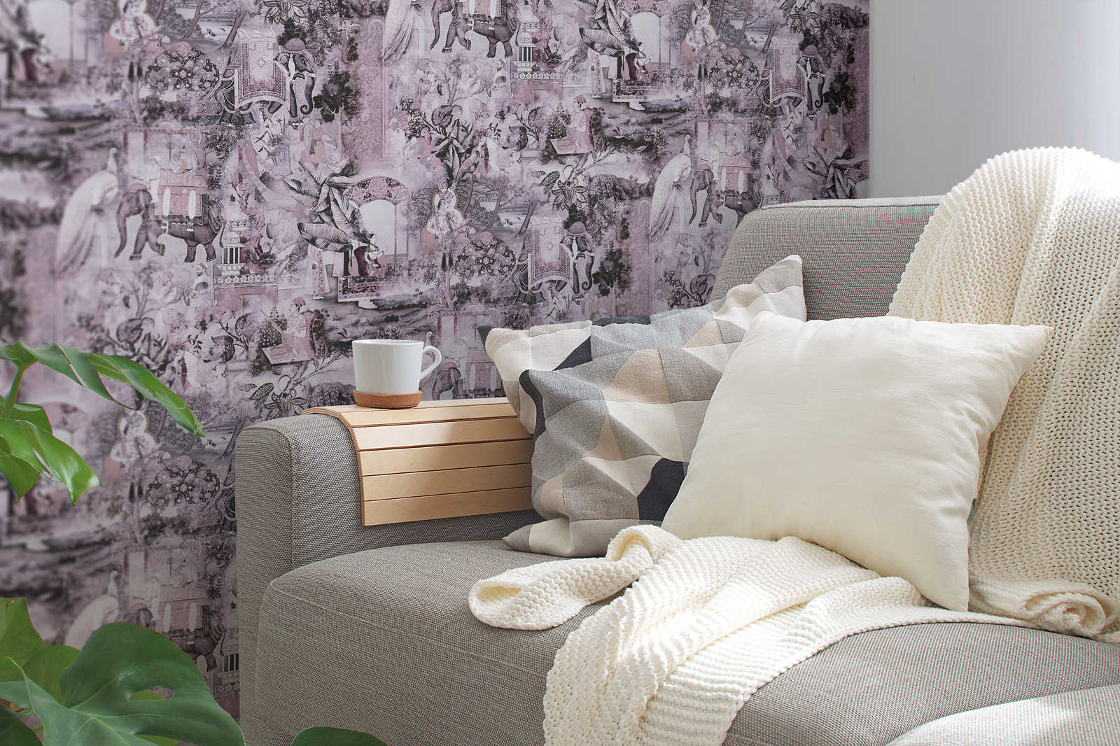             Vliestapete Indien mit Elefant & Vintage Muster – Rosa, Grau
        