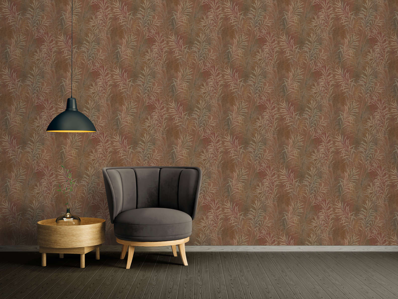             Florale Vliestapete mit Gräser-Muster und feiner Struktur – Braun, Beige, Metallic
        