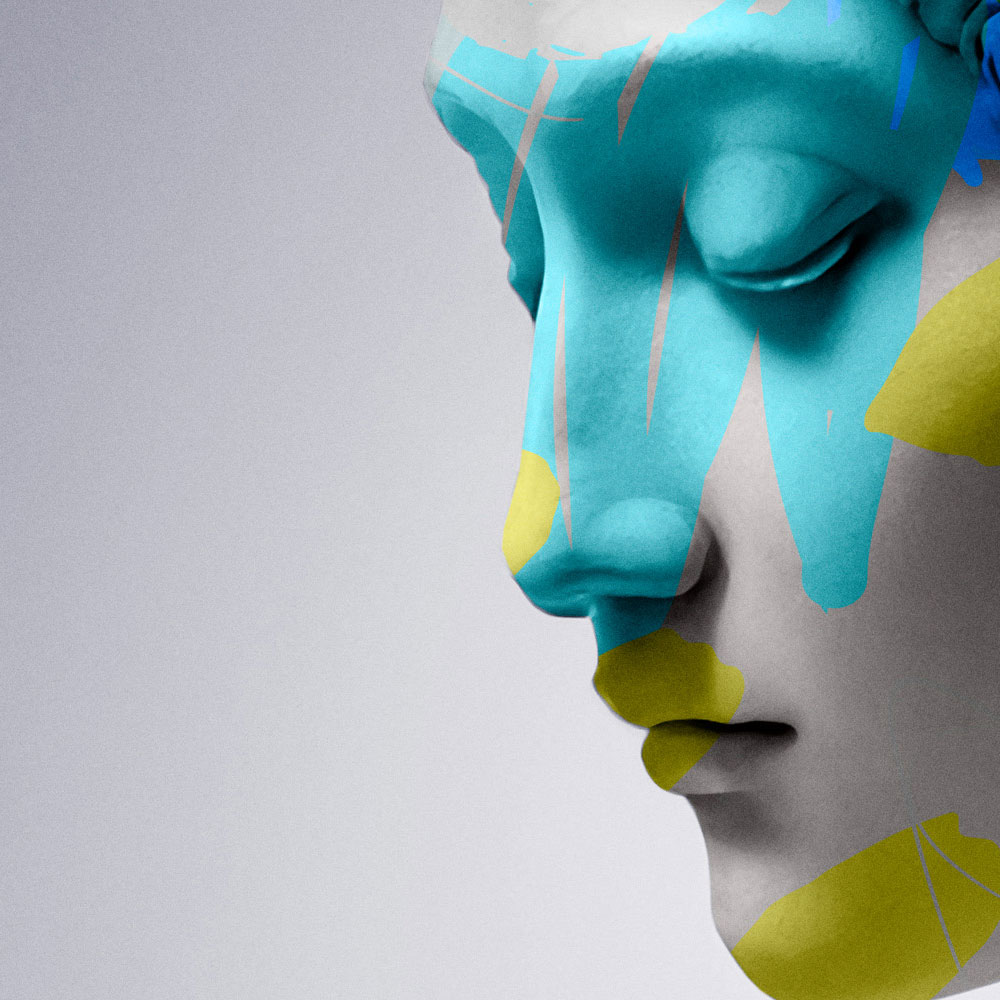 Photo wallpaper »clio« - female sculpture with colourful accents - Smooth, slightly shiny premium non-woven fabric