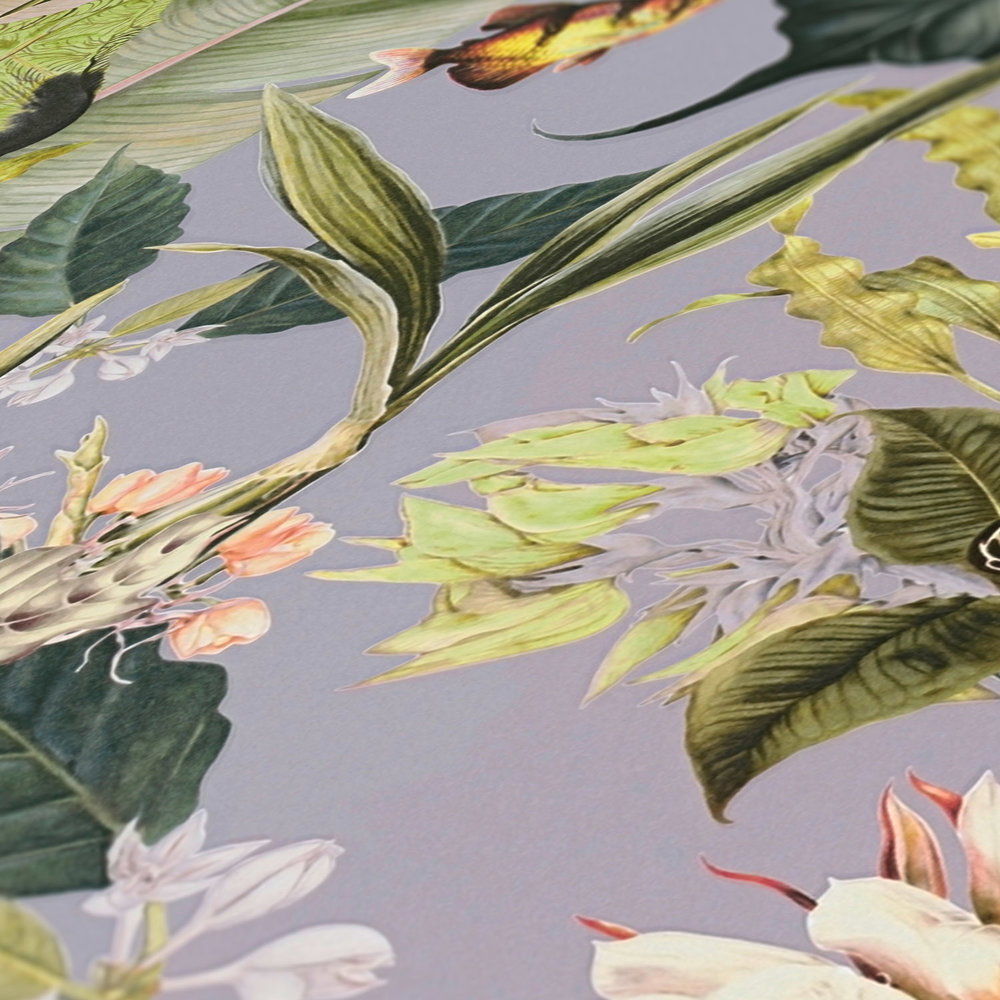 Natur Tapete mit Blumen &amp; Tieren – Grau, Grün