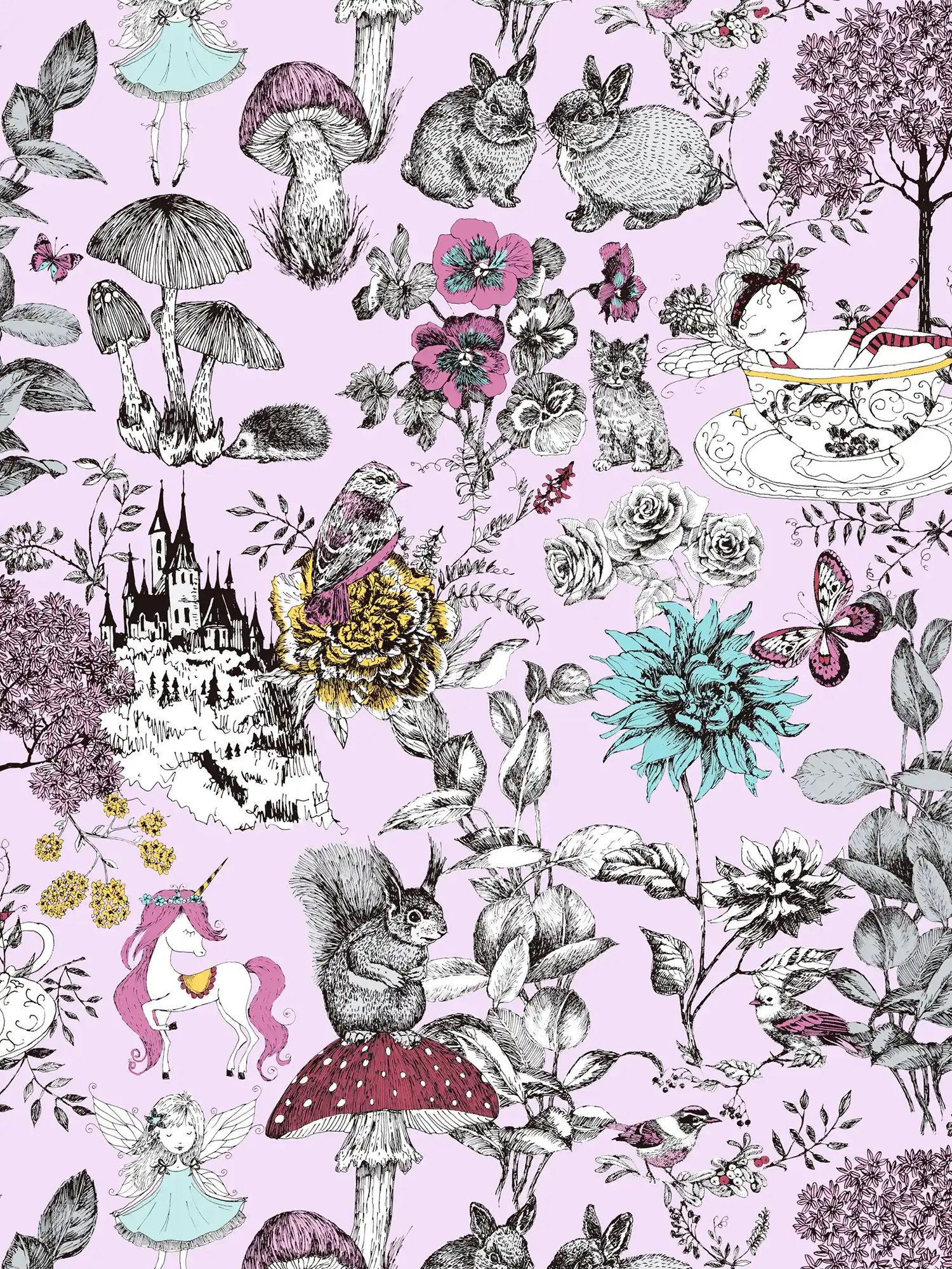         Forest wallpaper nursery fairies & animals - pink, black, white
    