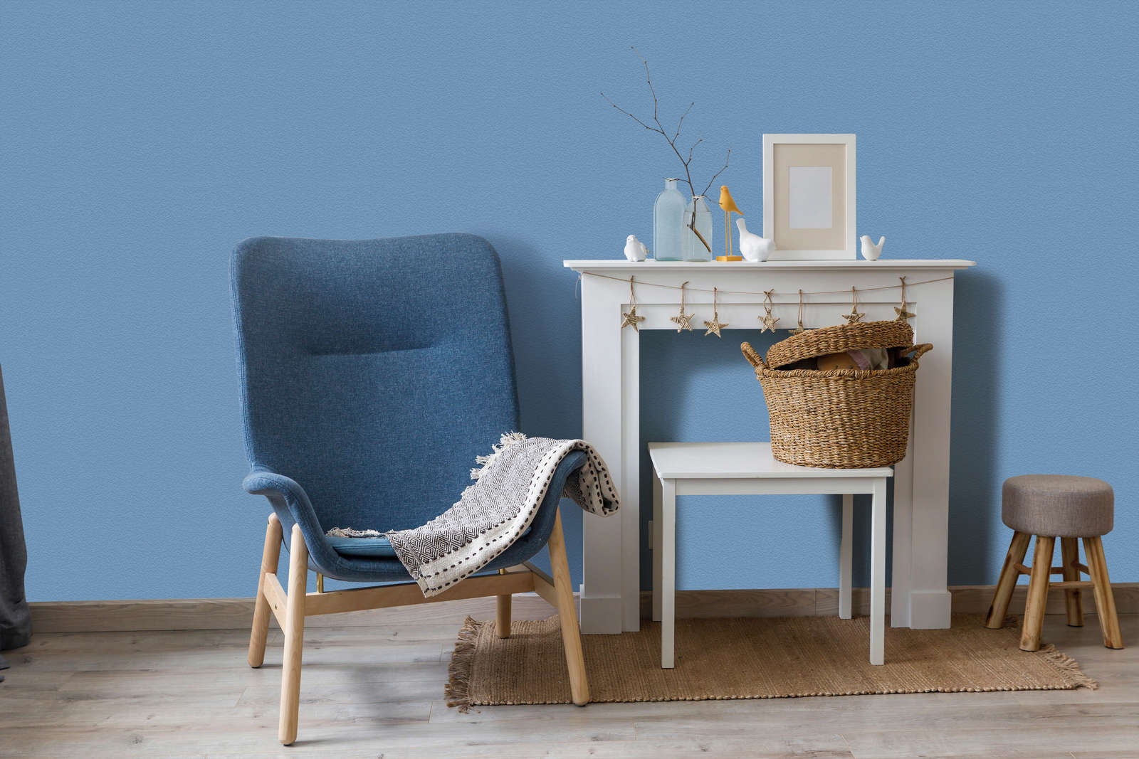 Sessel, Blau, Holzbeine, Korb, Manteldekoration