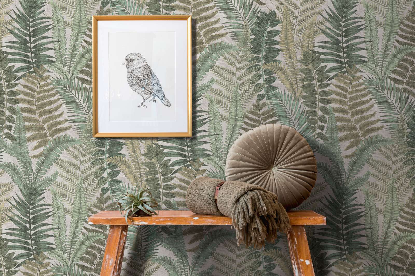 Tapete floral mit Farnblättern leicht strukturiert, matt – Beige, Grün, Braun