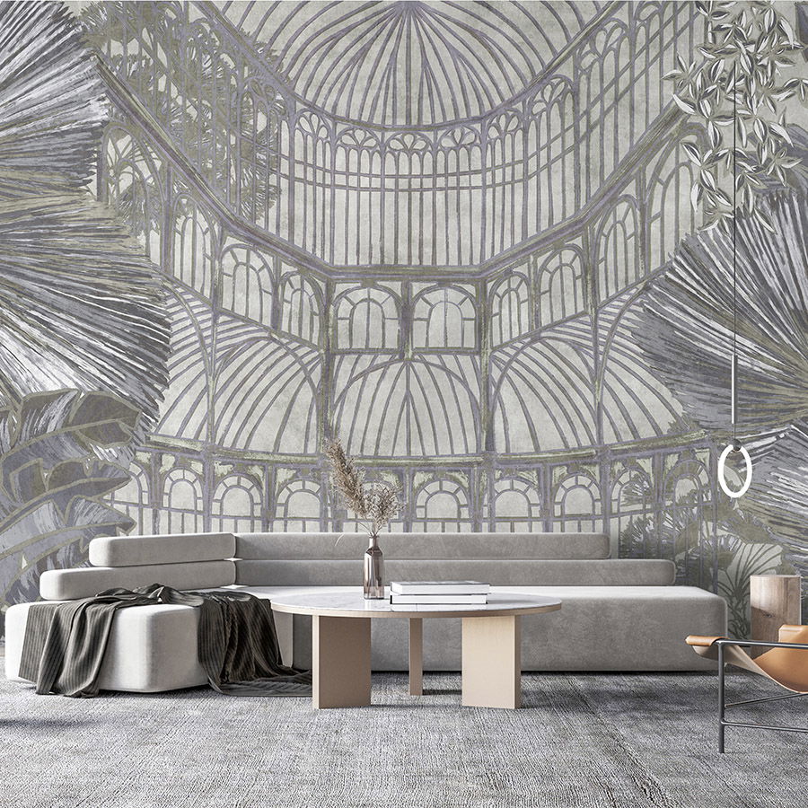         Photo wallpaper »orangerie 1« - gazebo with jungle leaves on vintage plaster texture - green, grey | Smooth, slightly shiny premium non-woven fabric
    