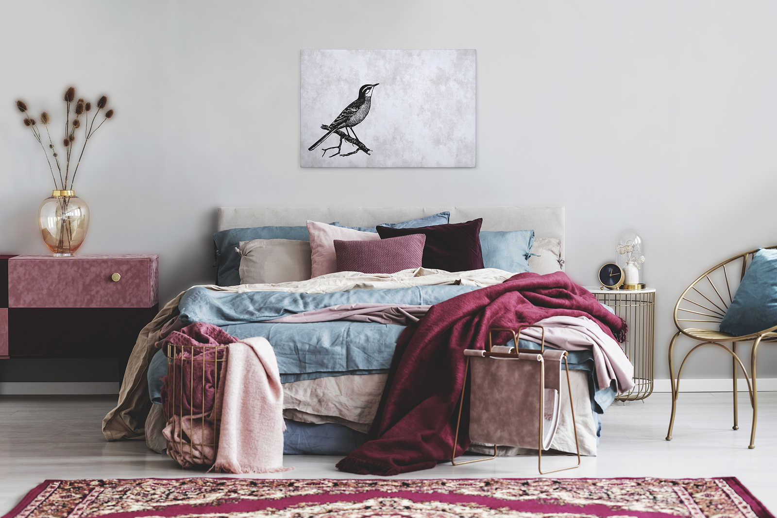             Vogel Leinwandbild im Zeichenlook mit Putzoptik – 0,90 m x 0,60 m
        
