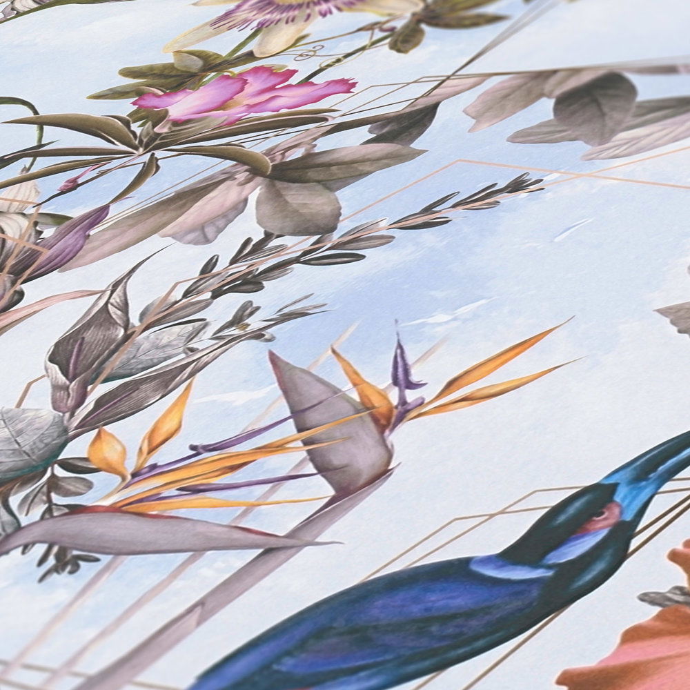             Blumentapete mit Vögeln & Tropen Look – Bunt, Blau, Grün
        