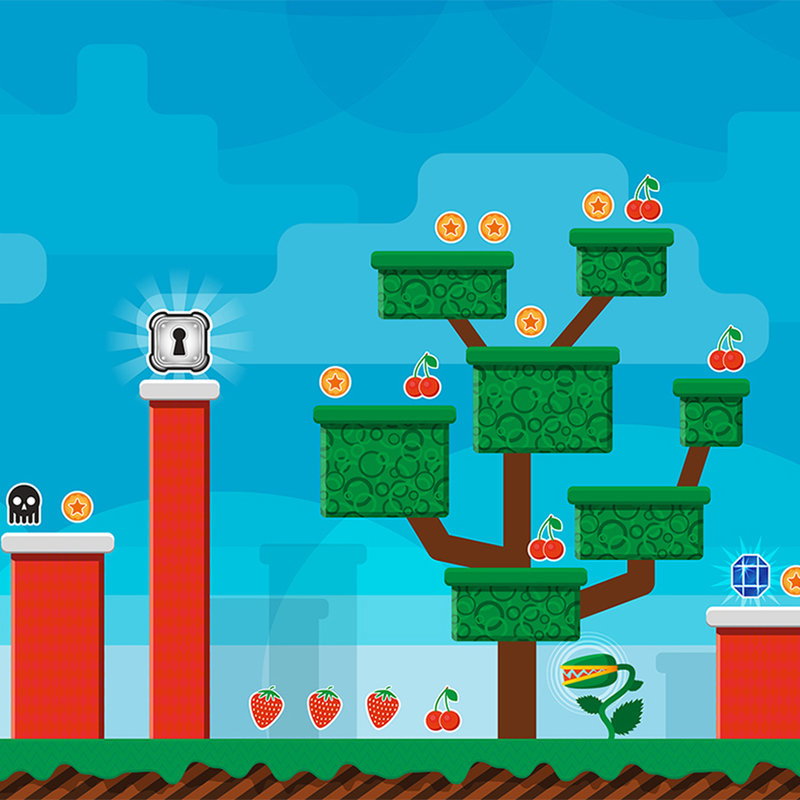 fruit-tree, platforms, coins, lock, red pillars