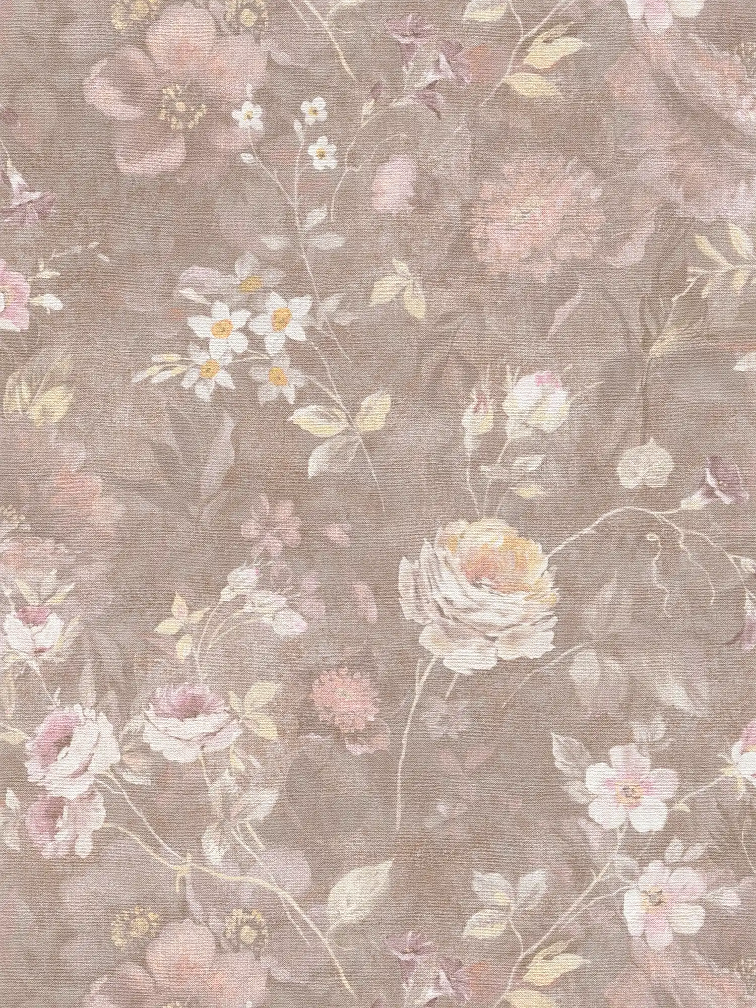 Papier peint intissé sans PVC avec motif à fleurs - marron, multicolore, orange