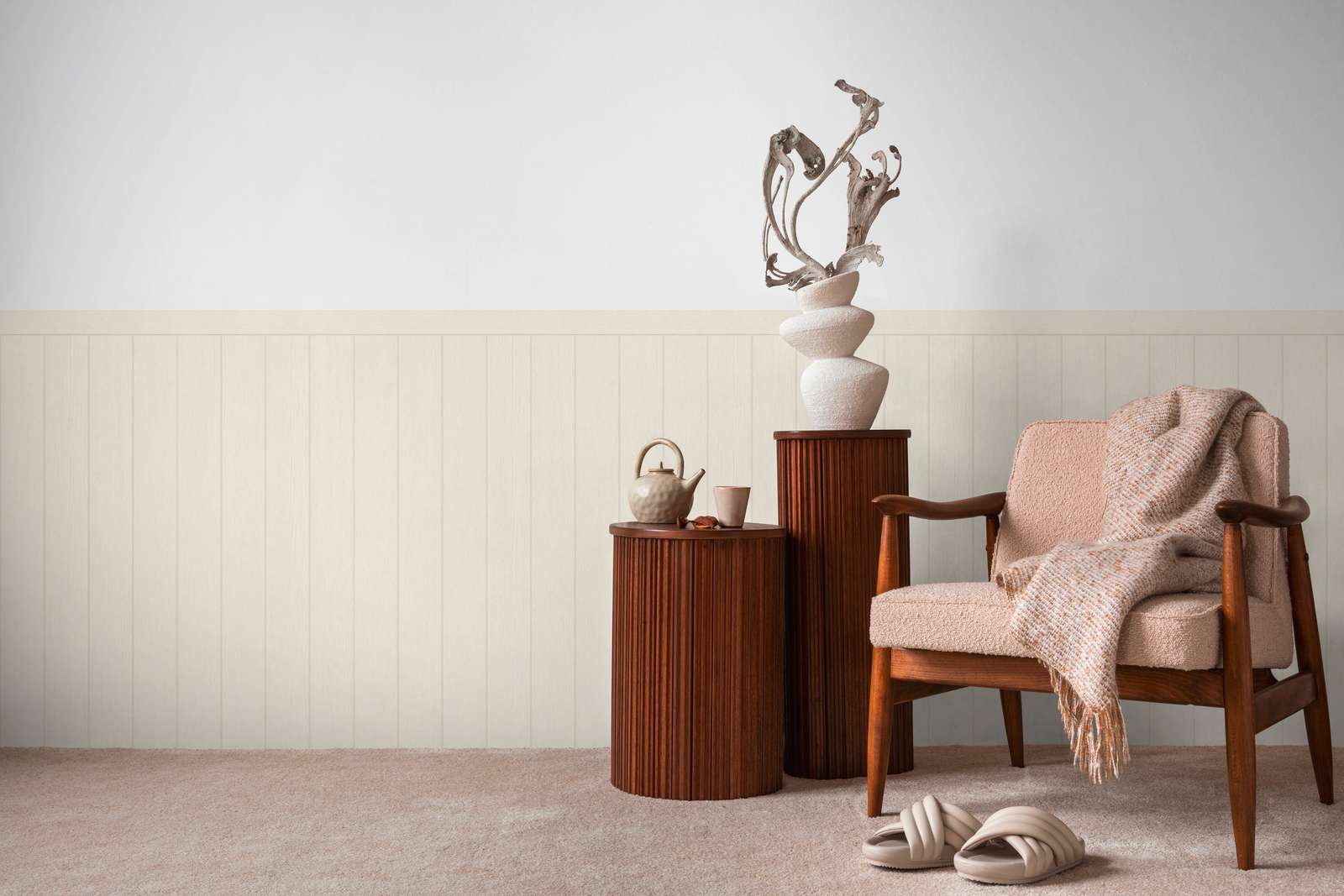             Vlies-Wandpaneel in Holzbalken-Optik – Weiß, Creme
        