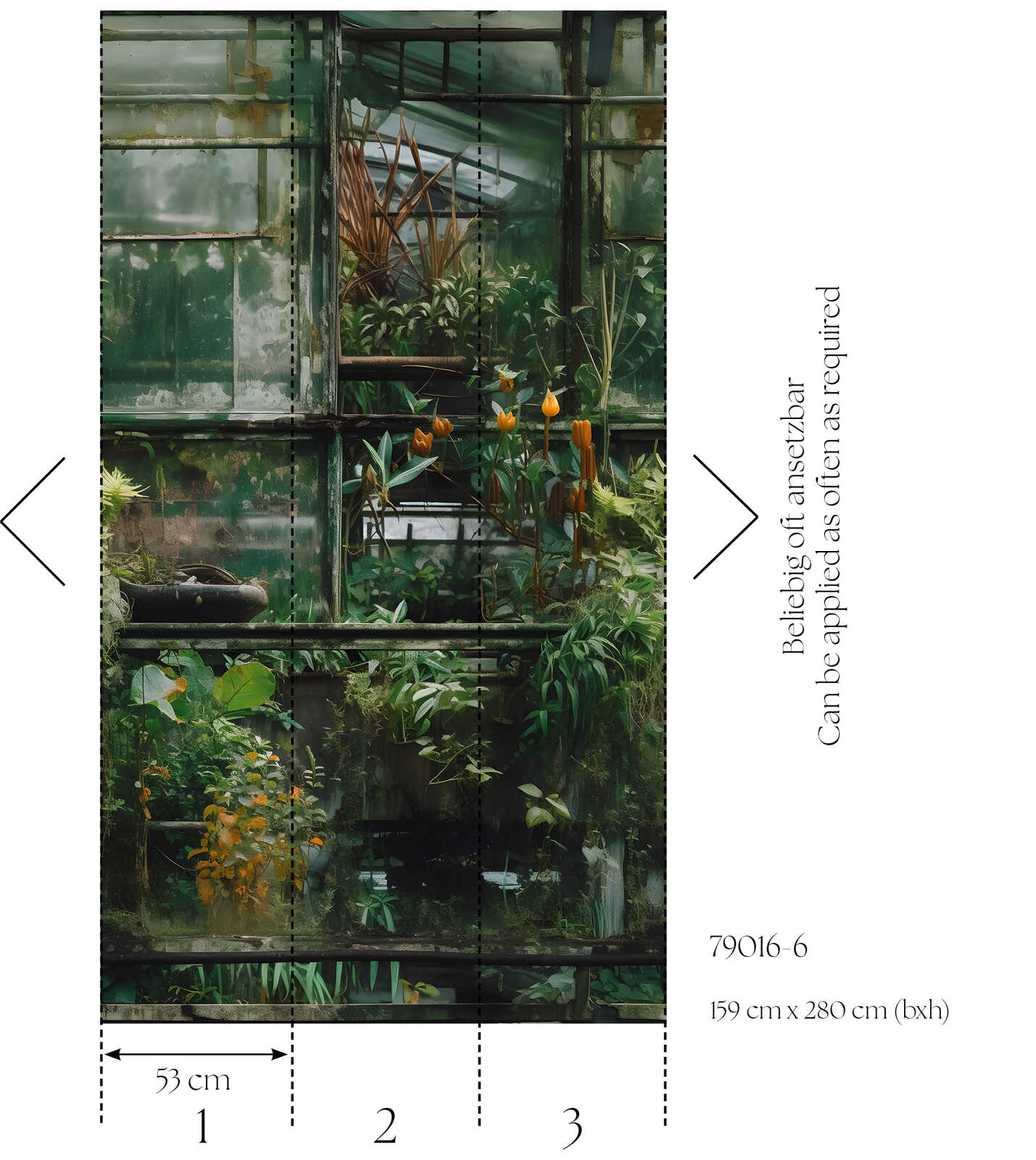             Glattes Vliestapeten Panel "Botanical Haven" 159cm Breite x 280cm Höhe - Verwunschenes Gewächshaus-Motiv – Grün
        