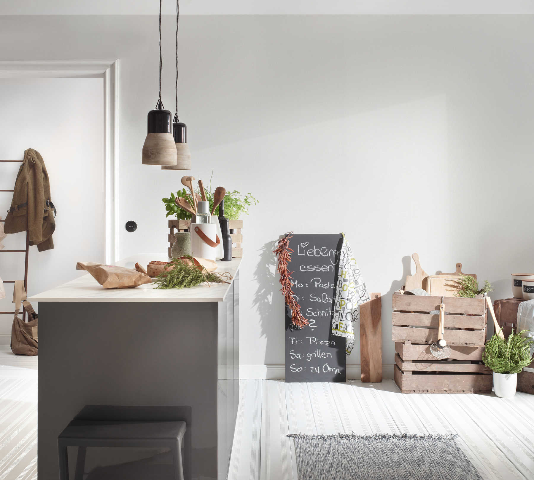 kitchen, kitchenboard, crates, plants, chalkboard