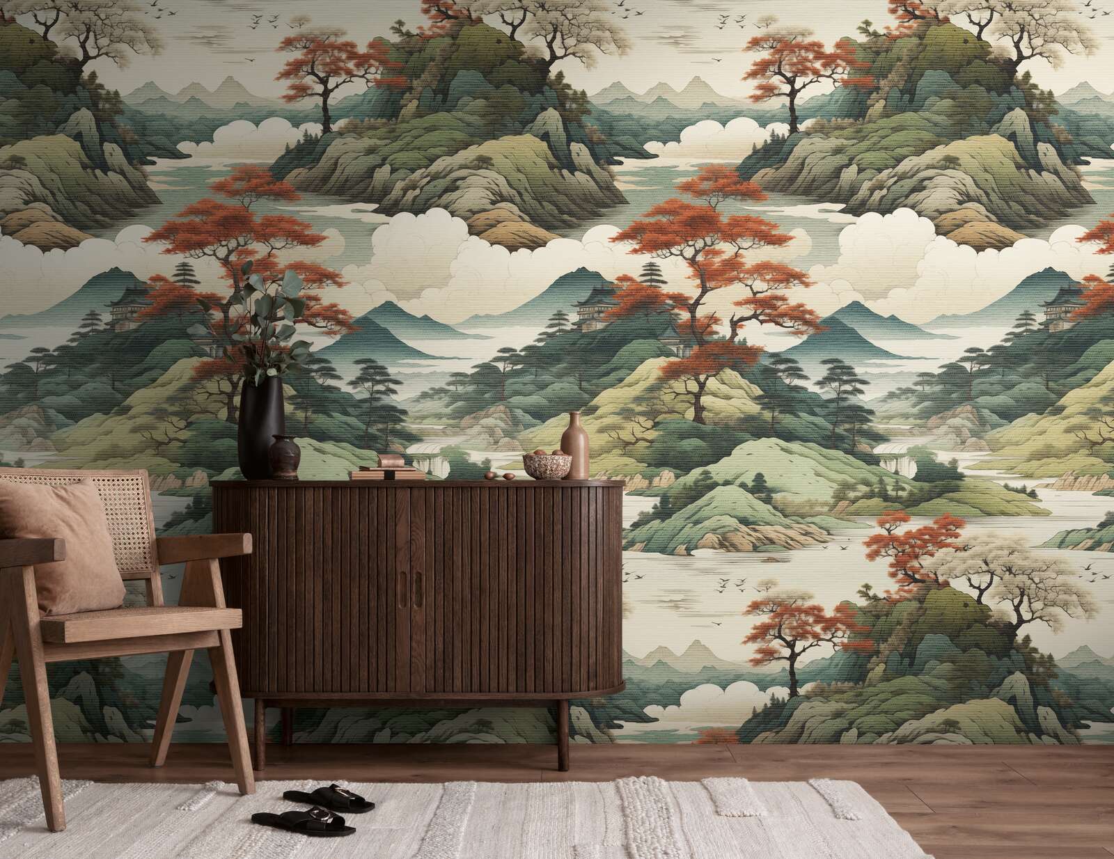 wandtapete, berghangszene, landschaft, asiatische-kunst, dekorative-wandtapete