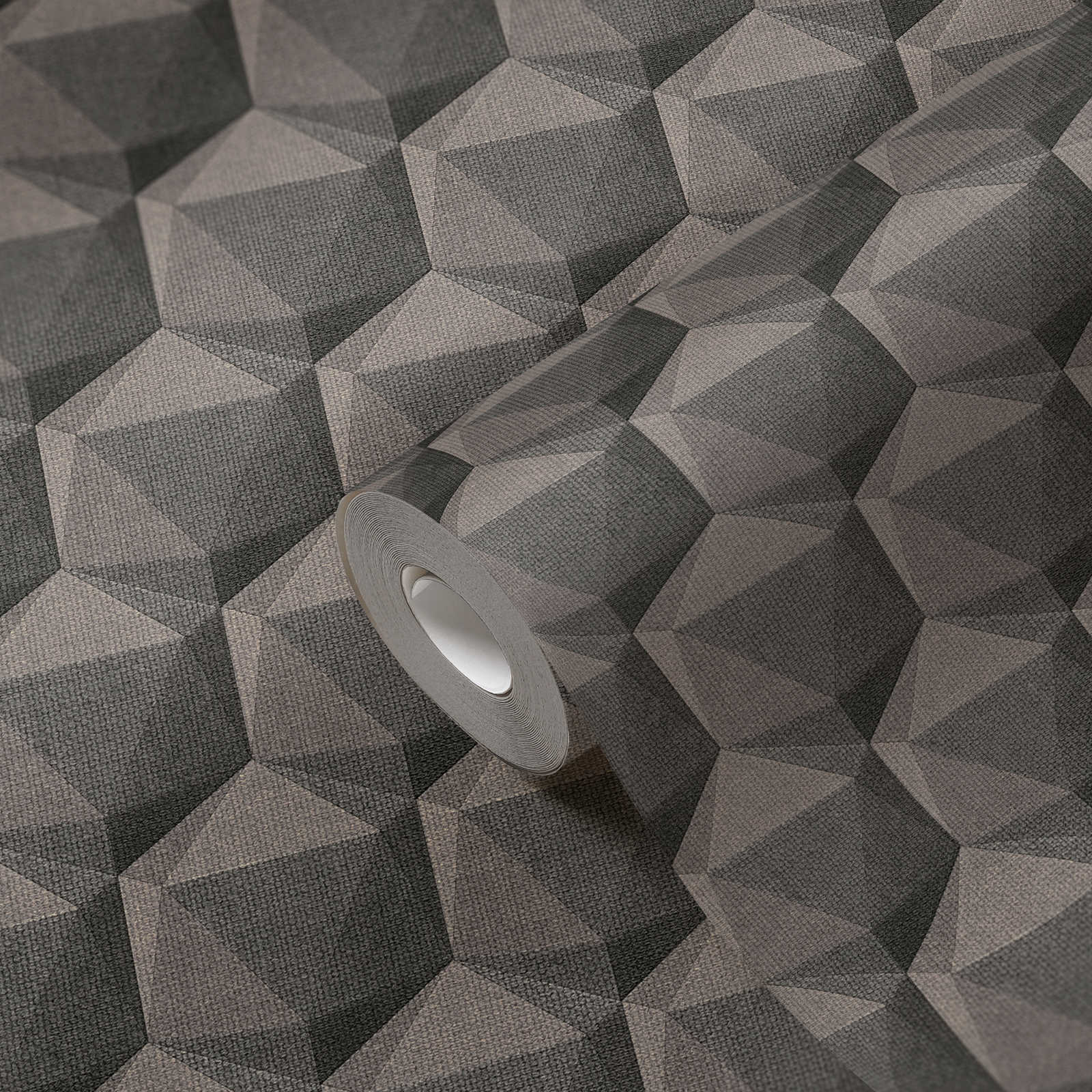 Grafiktapete 3D Optik mit Polygonmuster – Grau, Beige, Schwarz