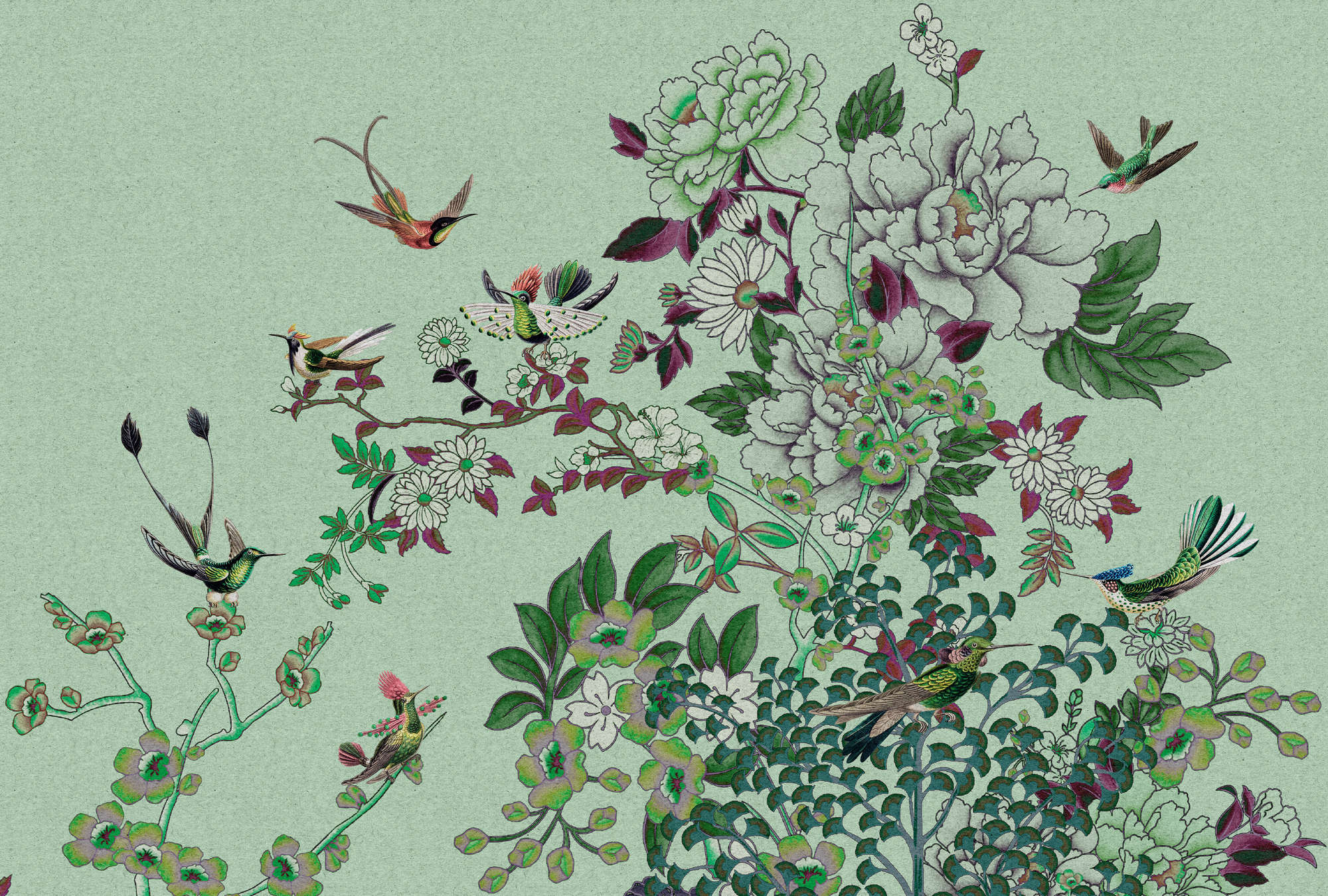             Fototapete »madras 1« - Grünes Blüten-Motiv mit Vögeln auf Kraftpapier-Struktur – Glattes, leicht glänzendes Premiumvlies
        