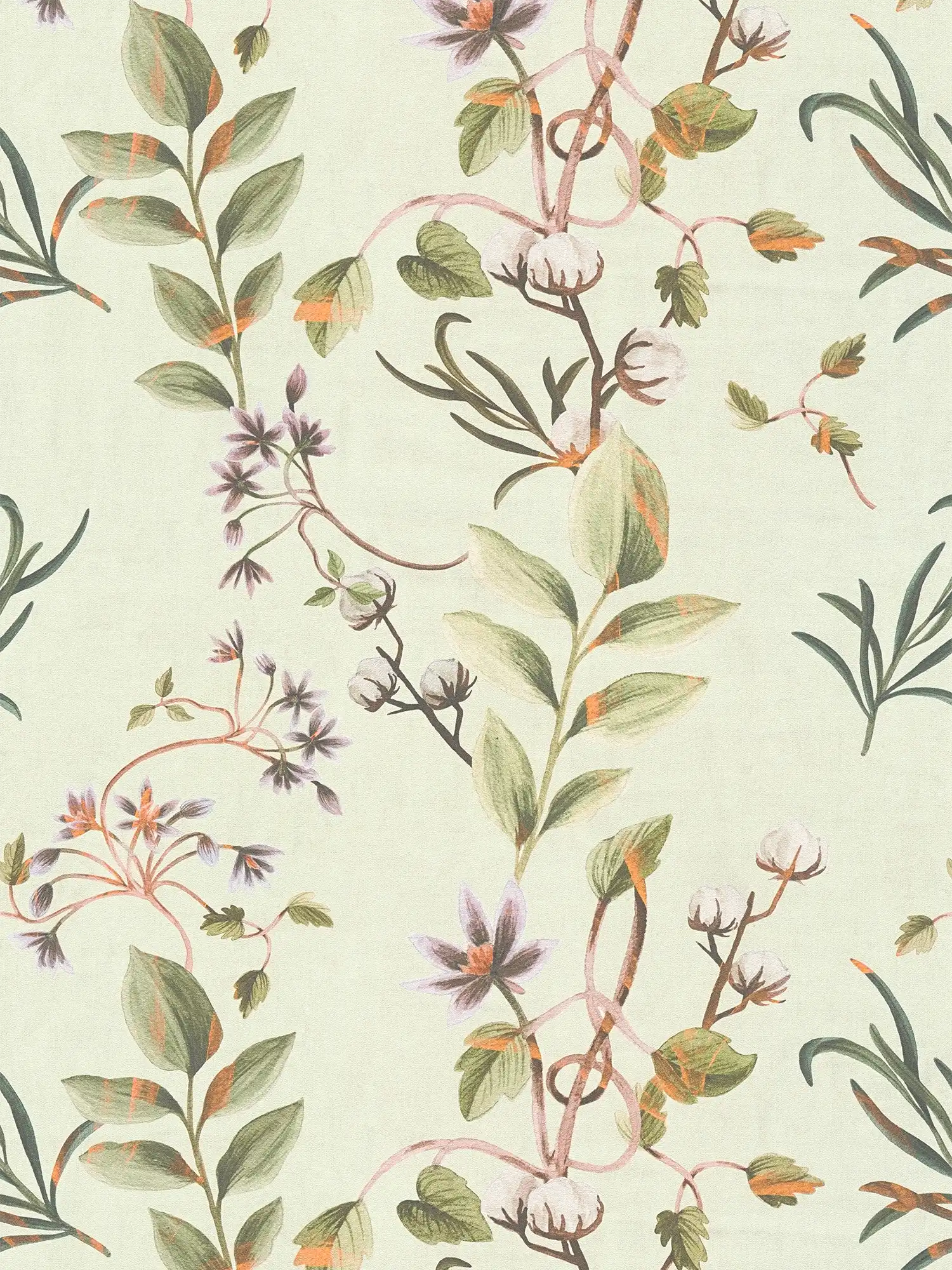 Light, slightly textured non-woven wallpaper with a fine, romantic leafy vine design - beige, green