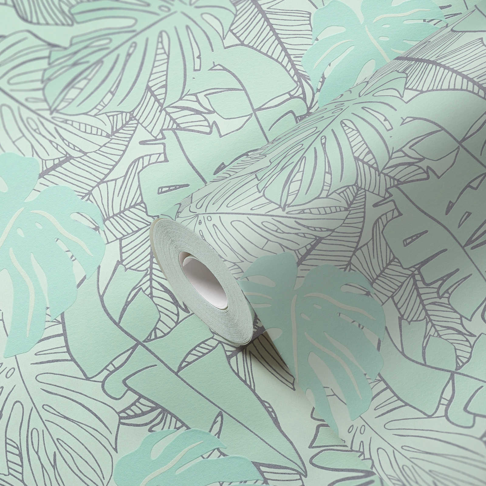 Pastel non-woven wallpaper with banana leaves &amp; glossy effect - mint, green, metallic