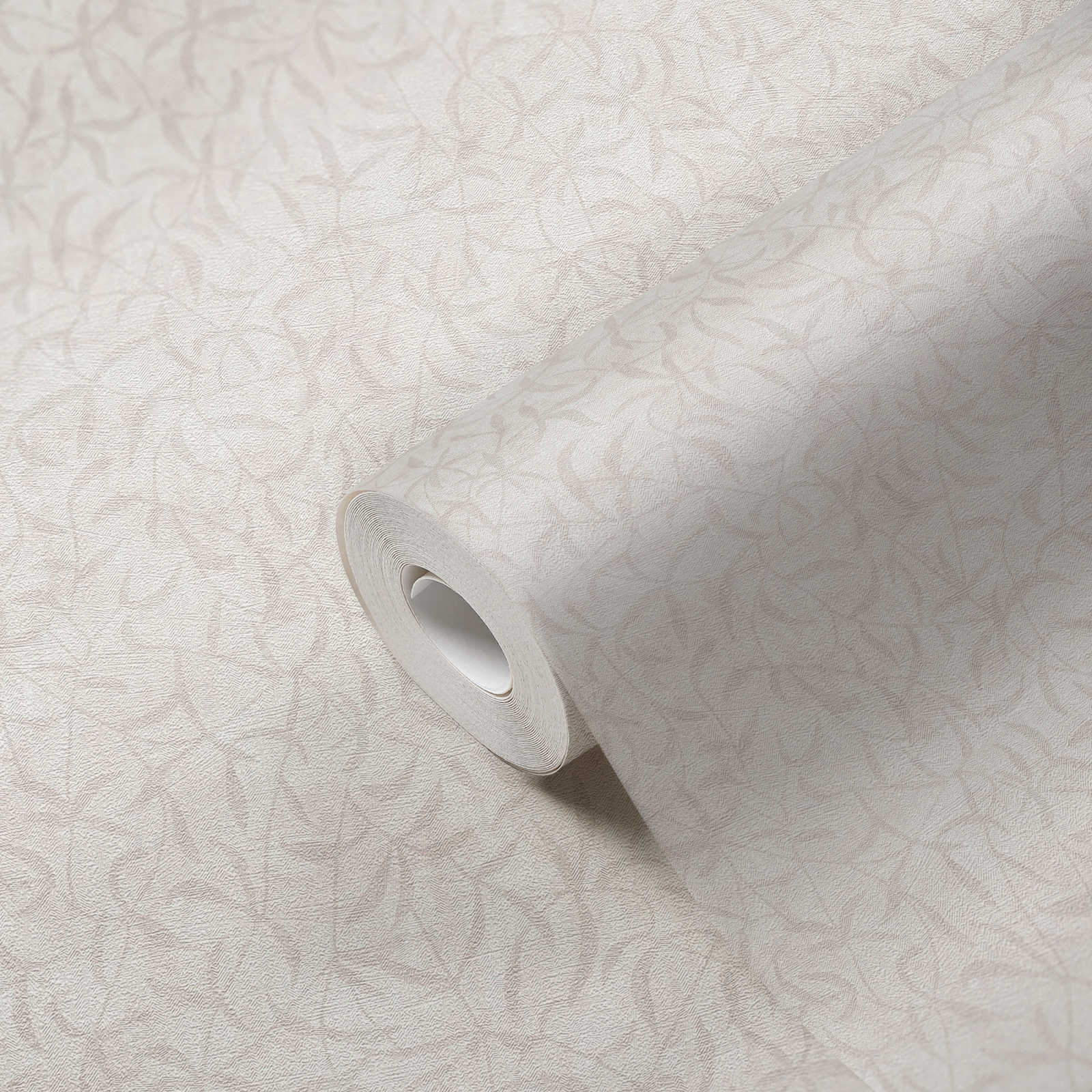             Florale Vliestapete mit Zweigen und Blüten – Creme, Grau, Beige
        